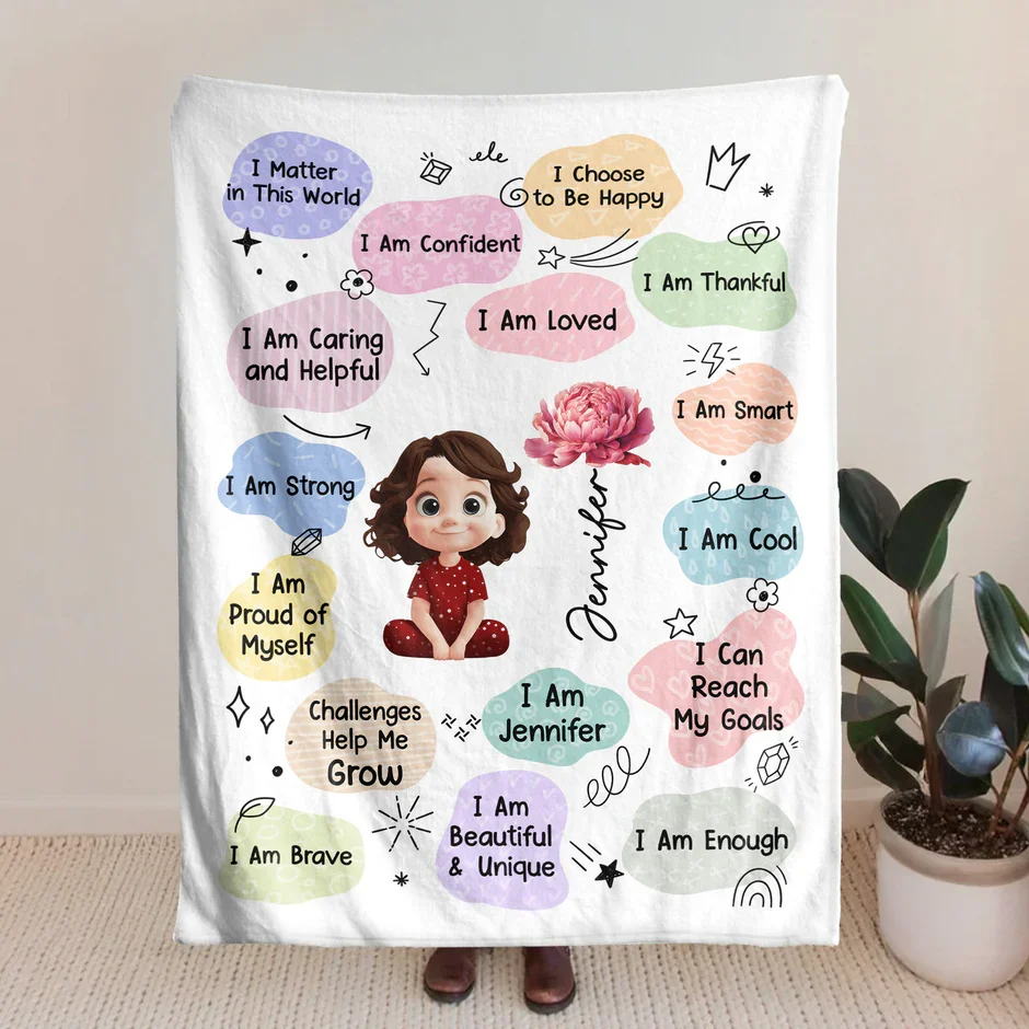 Personalized Fleece Blanket with Kids Affirmations and Cute Cartoon Girl, Pastel Nursery Throw, Unique Creative Gift for Kids