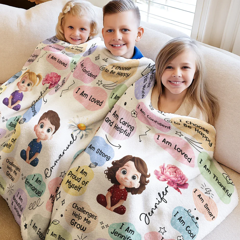 Personalized Fleece Blanket with Kids Affirmations and Cute Cartoon Girl, Pastel Nursery Throw, Unique Creative Gift for Kids - Image 3