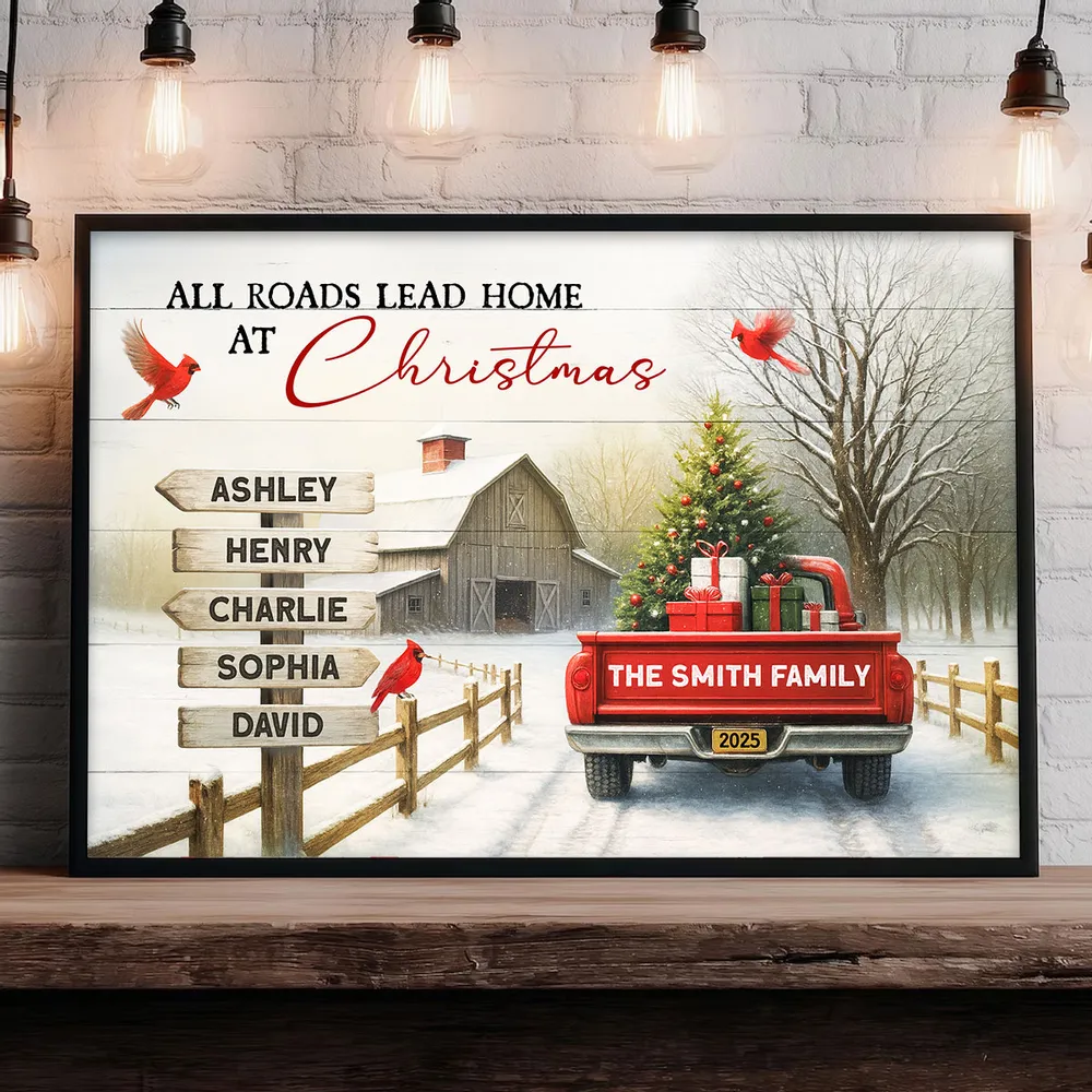 Personalized Family Christmas Poster – All Roads Lead Home at Christmas Red Truck Farmhouse Wall Art - Image 2