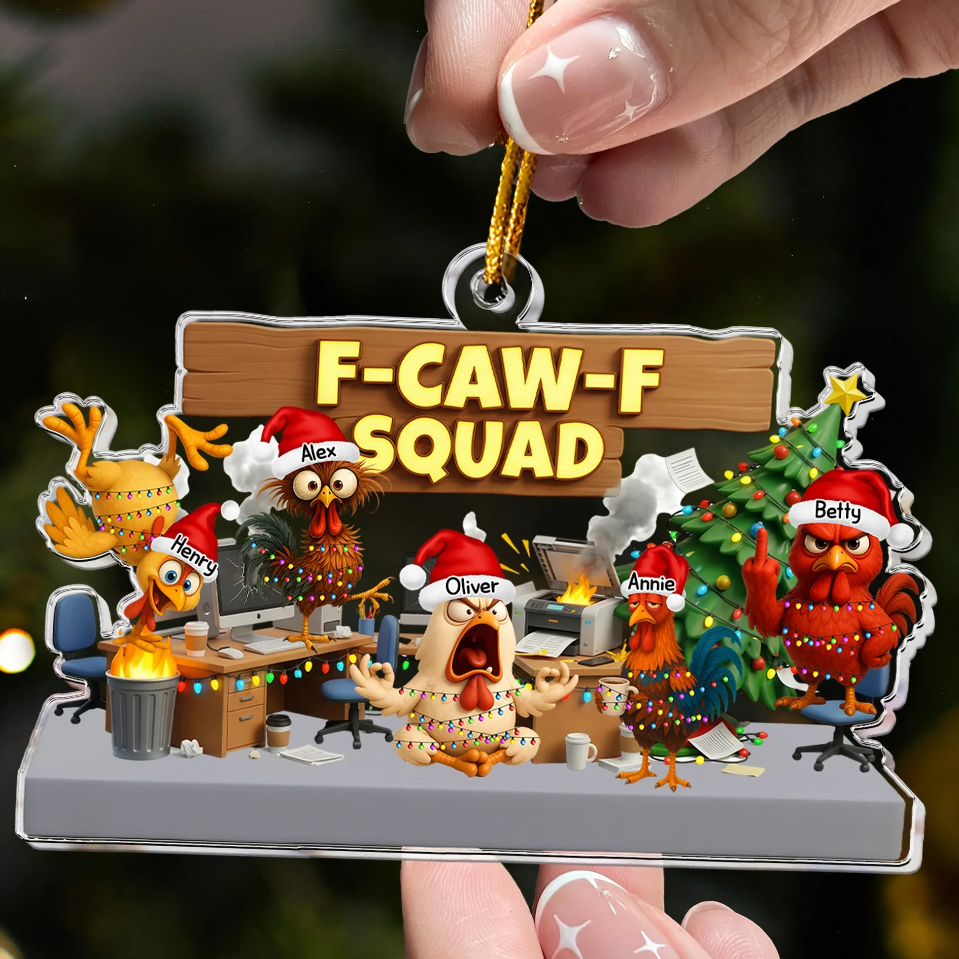 Custom F-Caw-F Squad Acrylic Ornament with Hilarious Office Chickens Christmas Tree Scene Unique Secret Santa Gift for Work Friends - Image 2