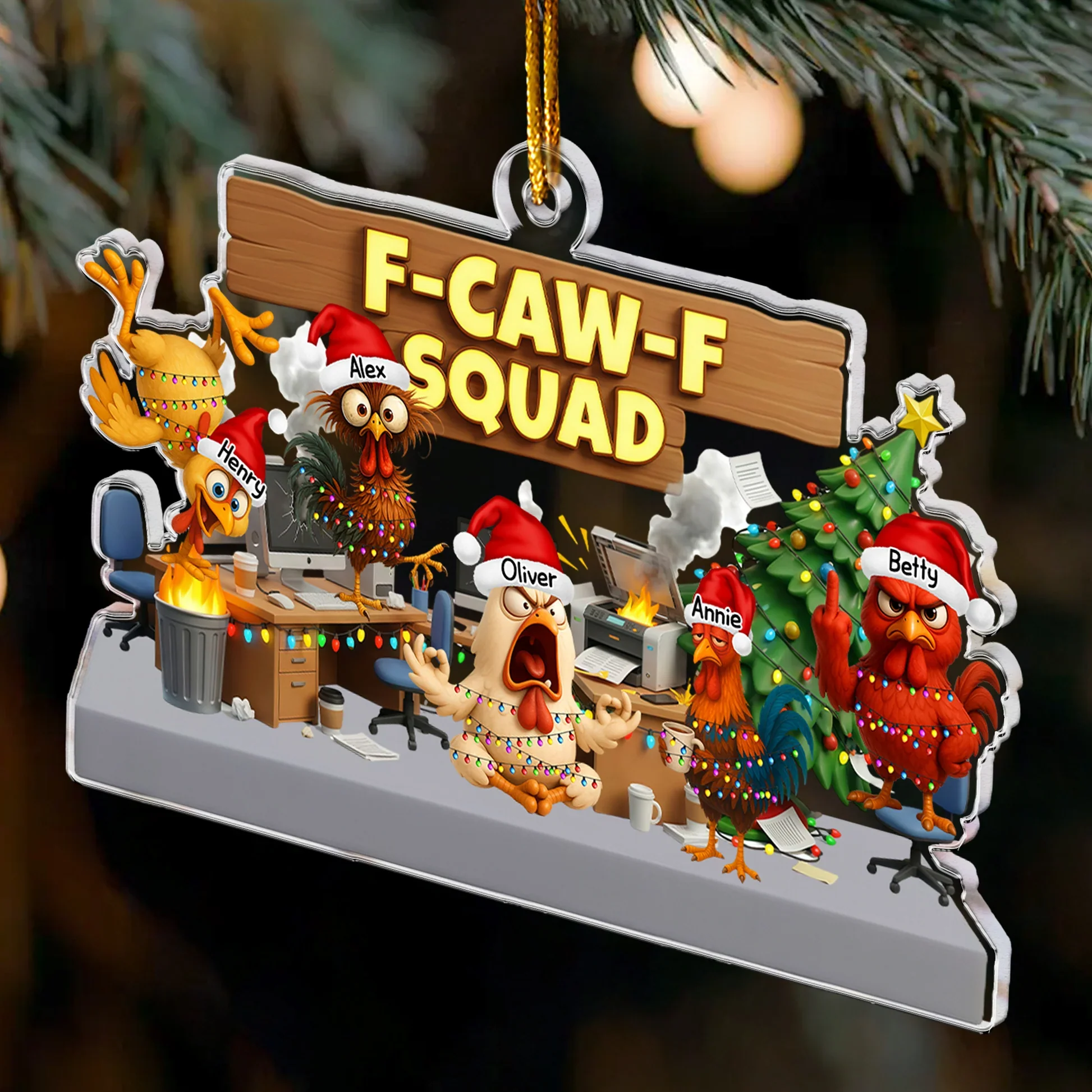 Custom F-Caw-F Squad Acrylic Ornament with Hilarious Office Chickens Christmas Tree Scene Unique Secret Santa Gift for Work Friends - Image 3
