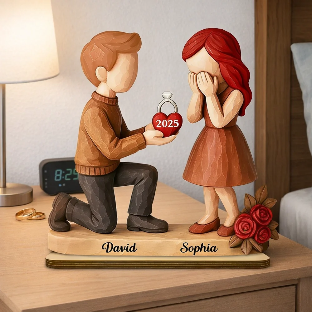 Personalized Wooden Plaque with Proposal Couple Figurines, Custom Year & Names, Romantic Keepsake Home Decor, Unique Engagement Gift - Image 4