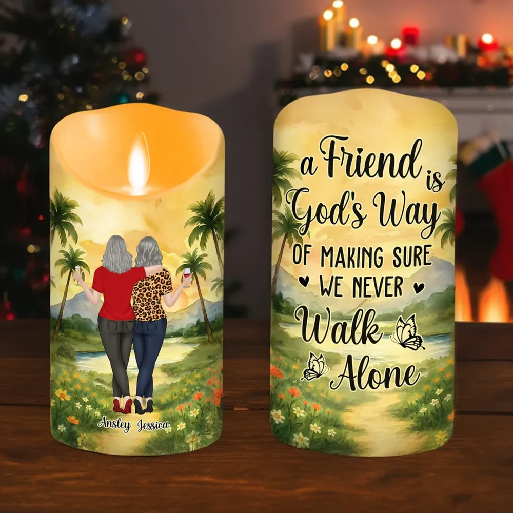 Personalized Flameless LED Candle with Best Friends Walking Away Scene, Warm Glow Sister Gift That Says We Never Walk Alone