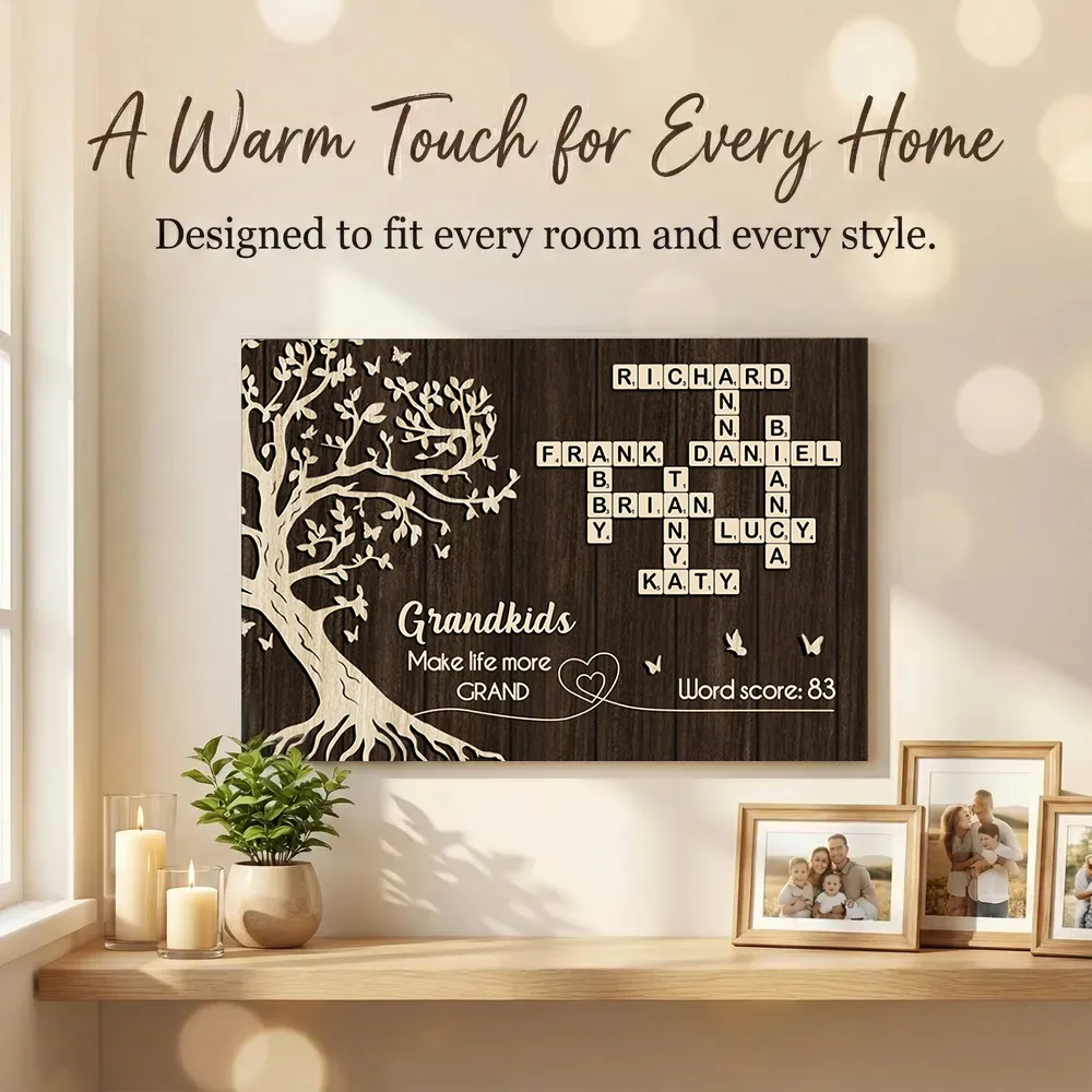 Personalized Grandkids Poster with Family Tree & Crossword Names – Custom Wall Art Gift for Grandma & Grandpa, Unique Home Decor Keepsake