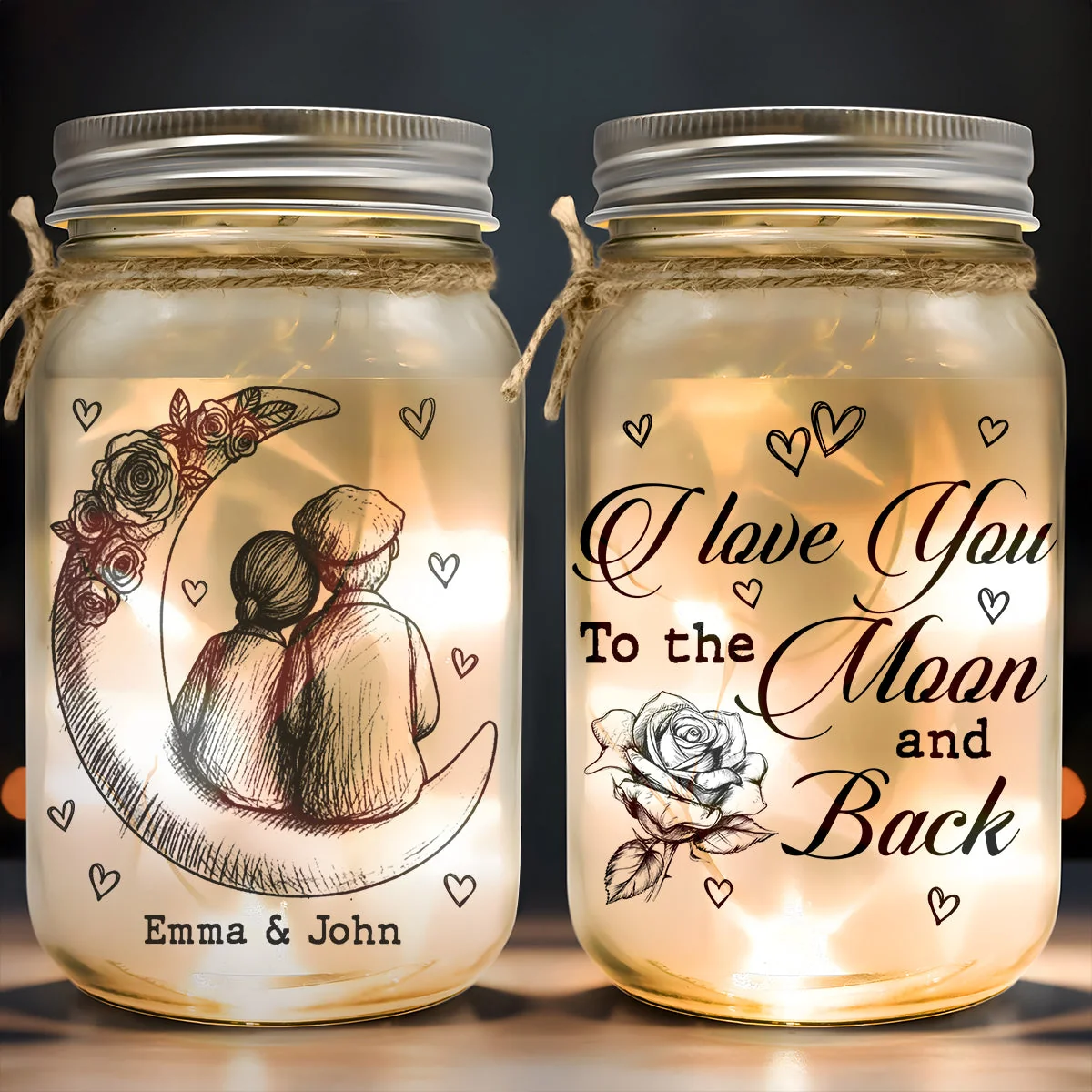 Personalized Glass Mason Jar Light with Moon Couple Design – Romantic I Love You To The Moon And Back Unique Gift - Image 5