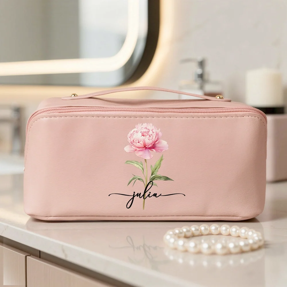 Custom Birth Flower Leather Makeup Bag – Elegant Pink Toiletry Case with Personalized Initials, Spacious Portable Storage & Thoughtful Gift Option