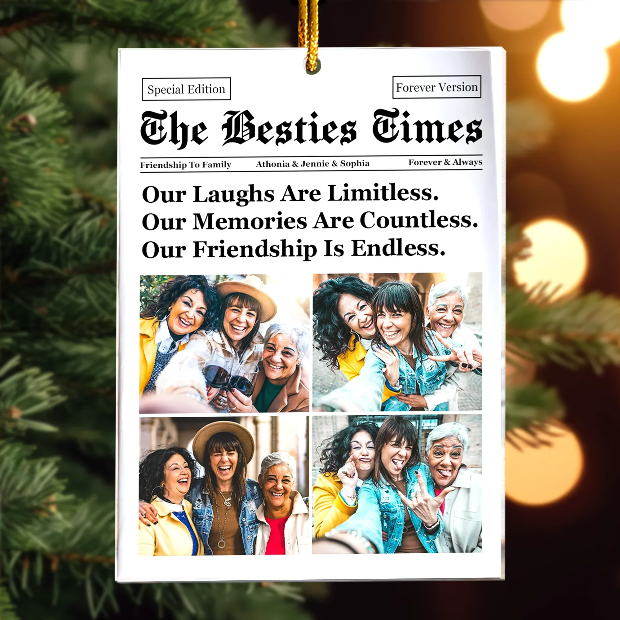 Personalized Acrylic Ornament for Best Friends – Newspaper Style Photo Acrylic Ornament, Unique Christmas Gift with Heartwarming Quote - Image 3