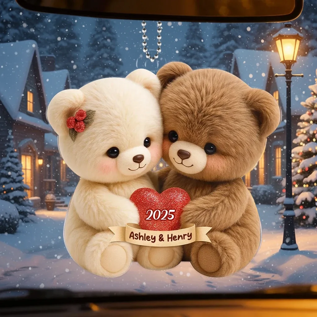 Personalized Acrylic Car Hanger with Cute Bear Couple – Custom Car Mirror Decor and Unique Romantic Gift for Couples