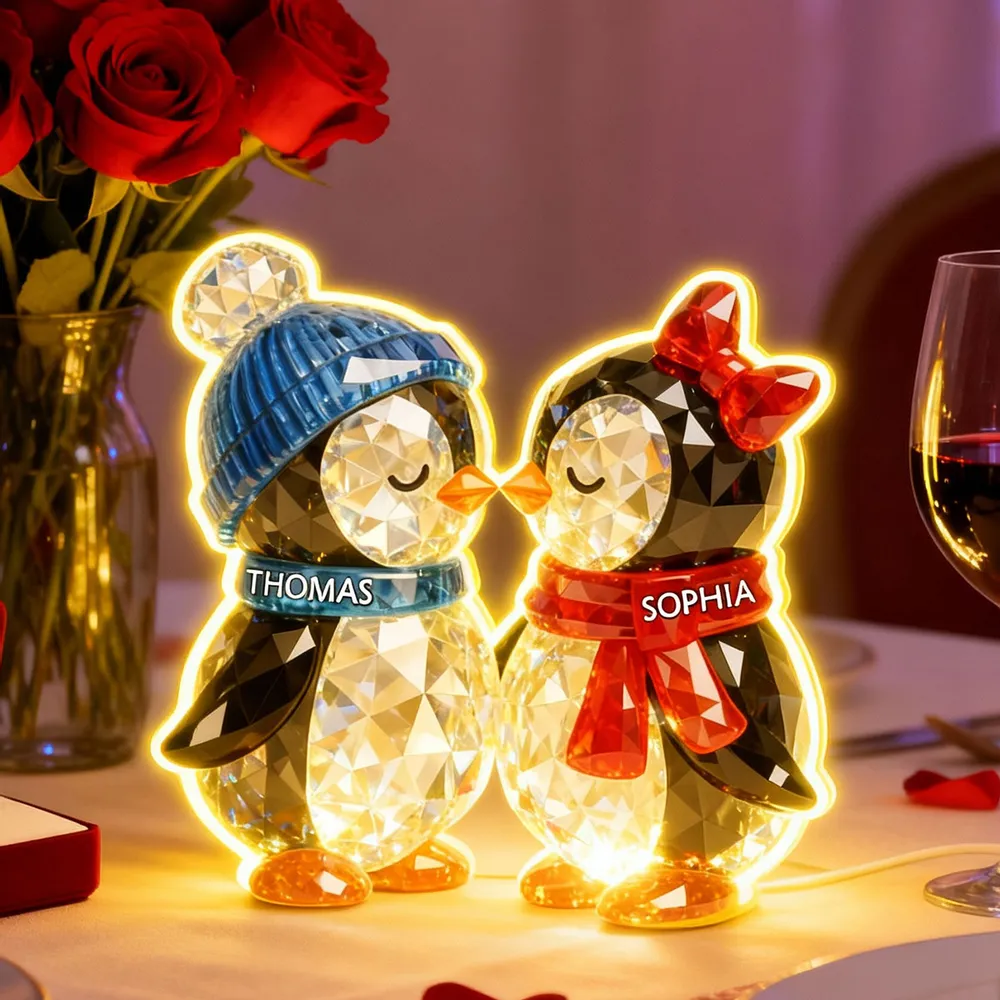Custom Penguin Couple Acrylic Light Box with Names, Romantic LED Night Light Gift for Couples - Image 3