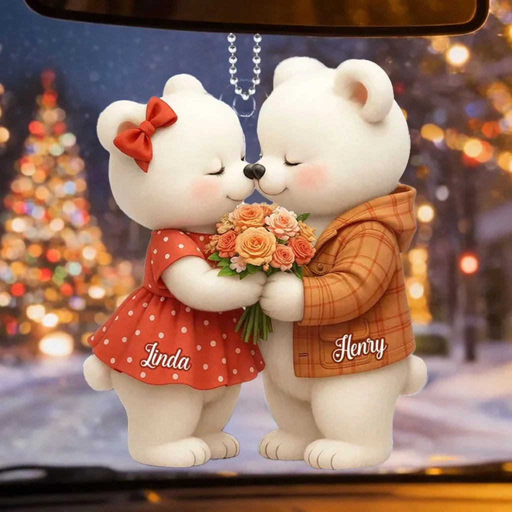 Personalized Acrylic Car Hanger with Kissing Bear Couple – Cute Romantic Car Mirror Decor & Unique Gift for Couples