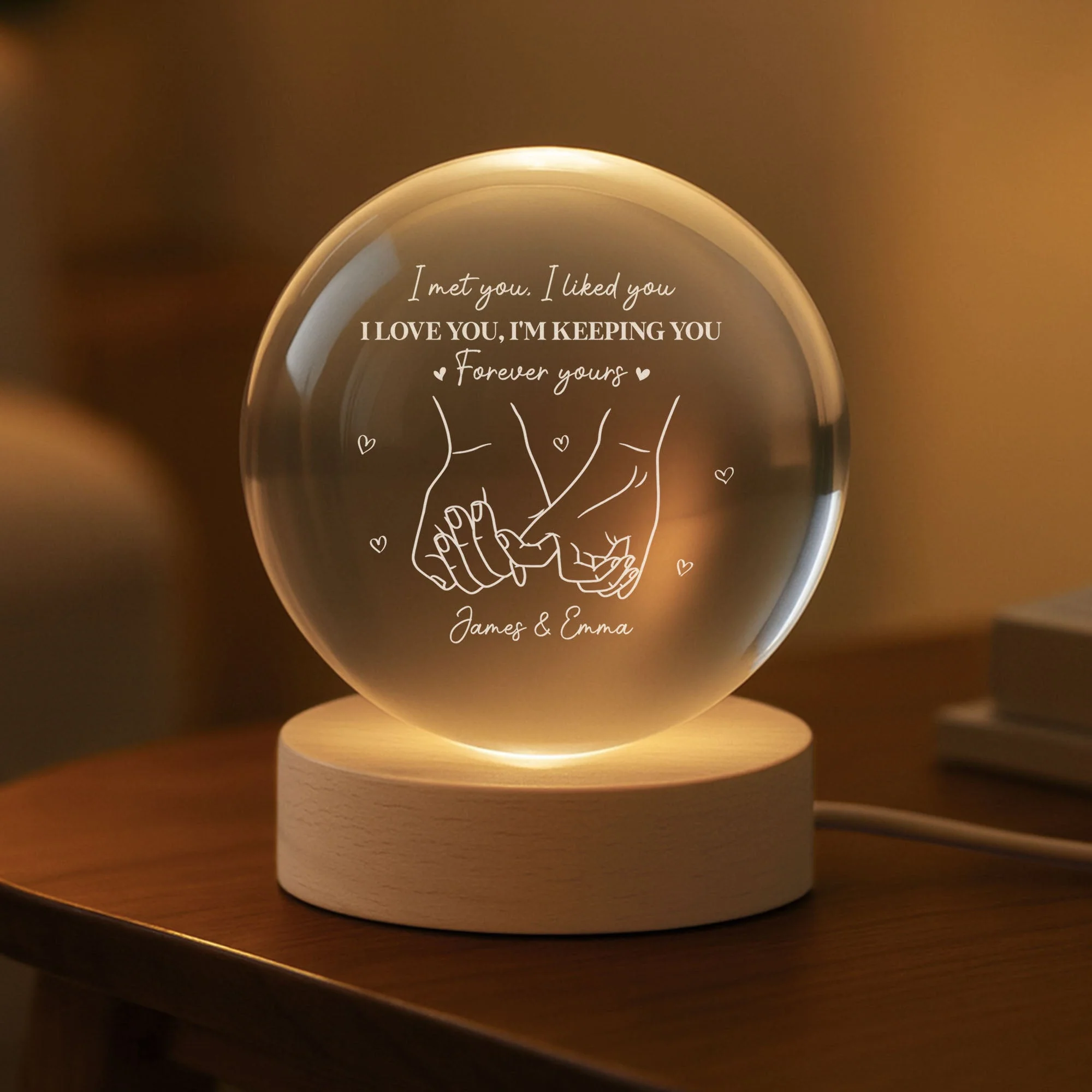 Personalized 3-Color K5 Globe Lamp with Holding Hands Line Art Romantic Night Light Unique Gift for Couples - Image 3