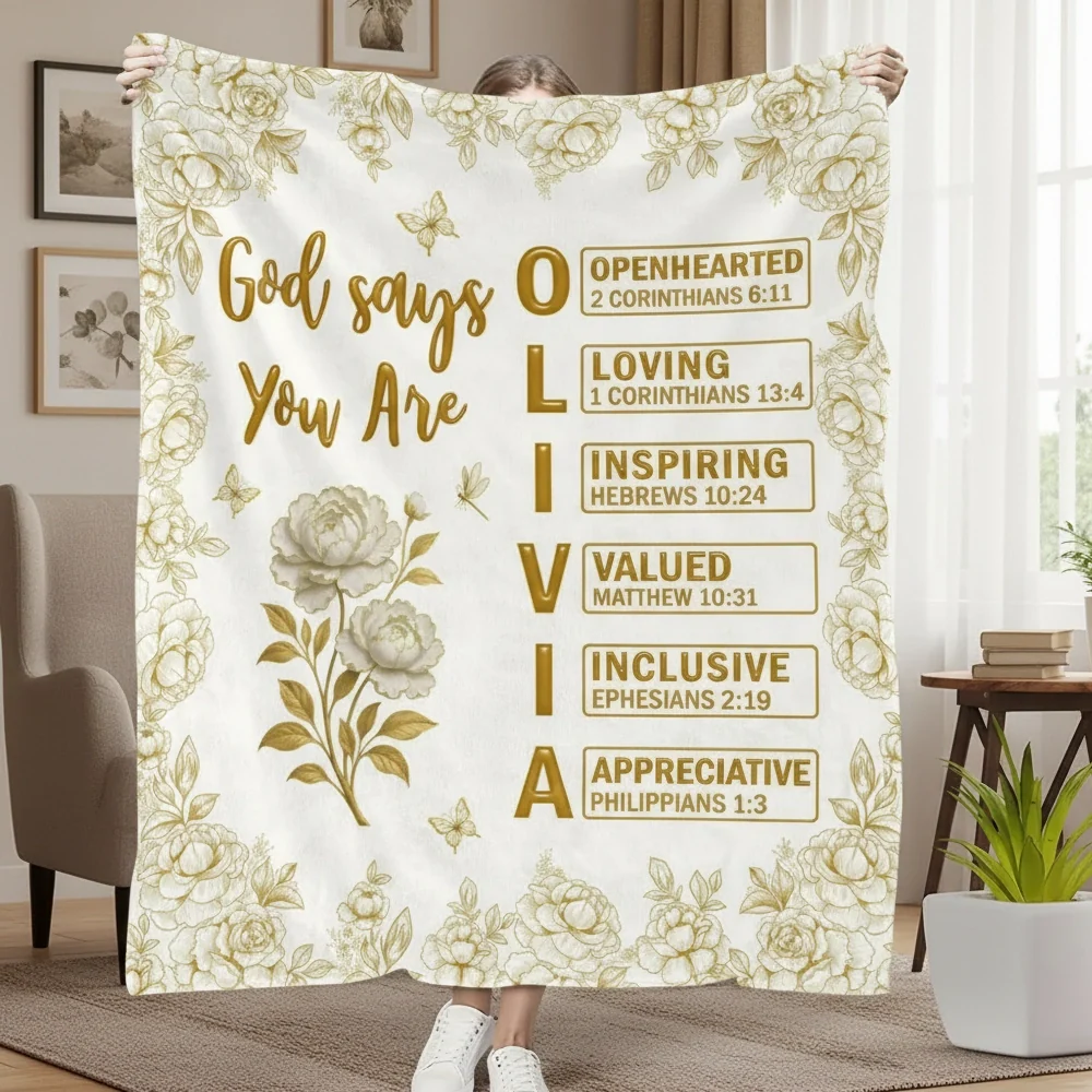 Custom Throw Blanket God Says You Are ... Bible Verse Affirmations with Gold Floral Design for Sofa Bed Unique Faith Gift