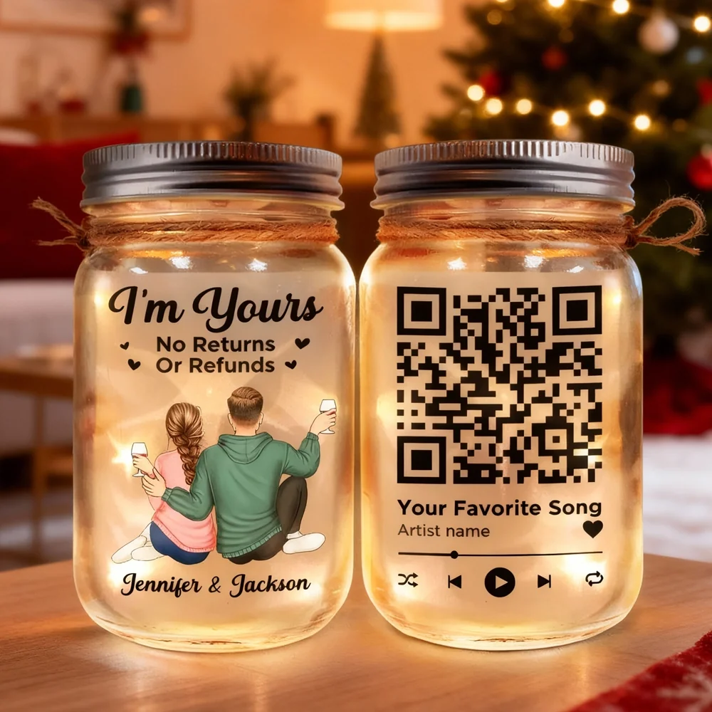 Personalized Glass Mason Jar Light With Couple Illustration And Custom Song Code, Cozy Bedroom Decor, Unique Gift For Couple
