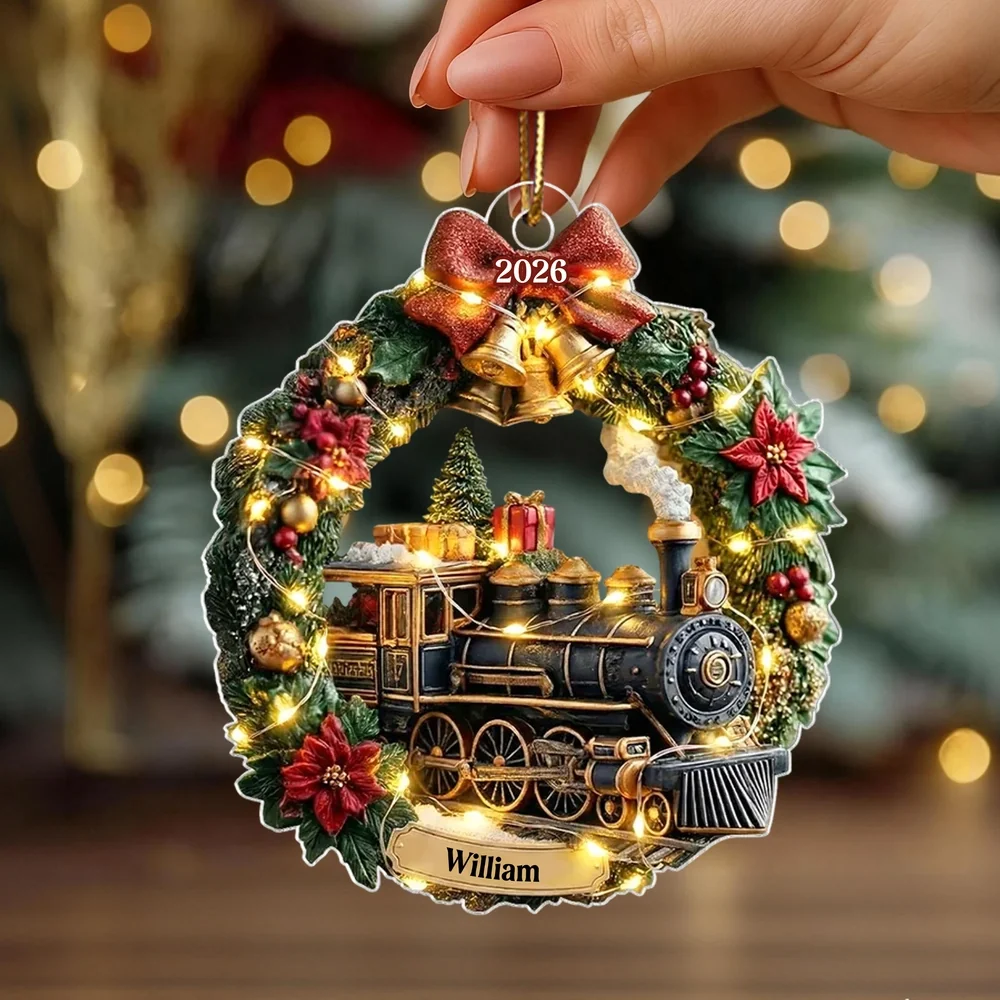 Cozy Lighted Train Wreath Acrylic Ornament, Personalized Keepsake For Holiday Home Decorating, Unique Creative Gift - Image 2