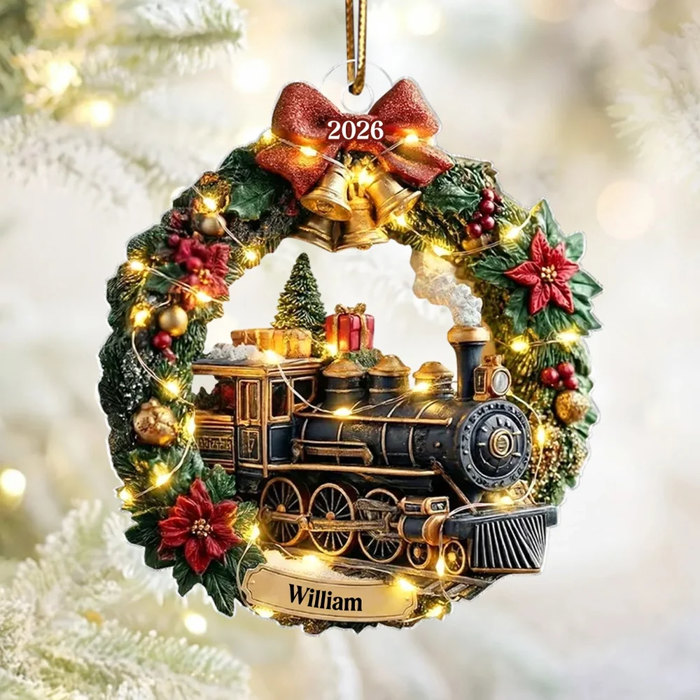 Cozy Lighted Train Wreath Acrylic Ornament, Personalized Keepsake For Holiday Home Decorating, Unique Creative Gift - Image 3