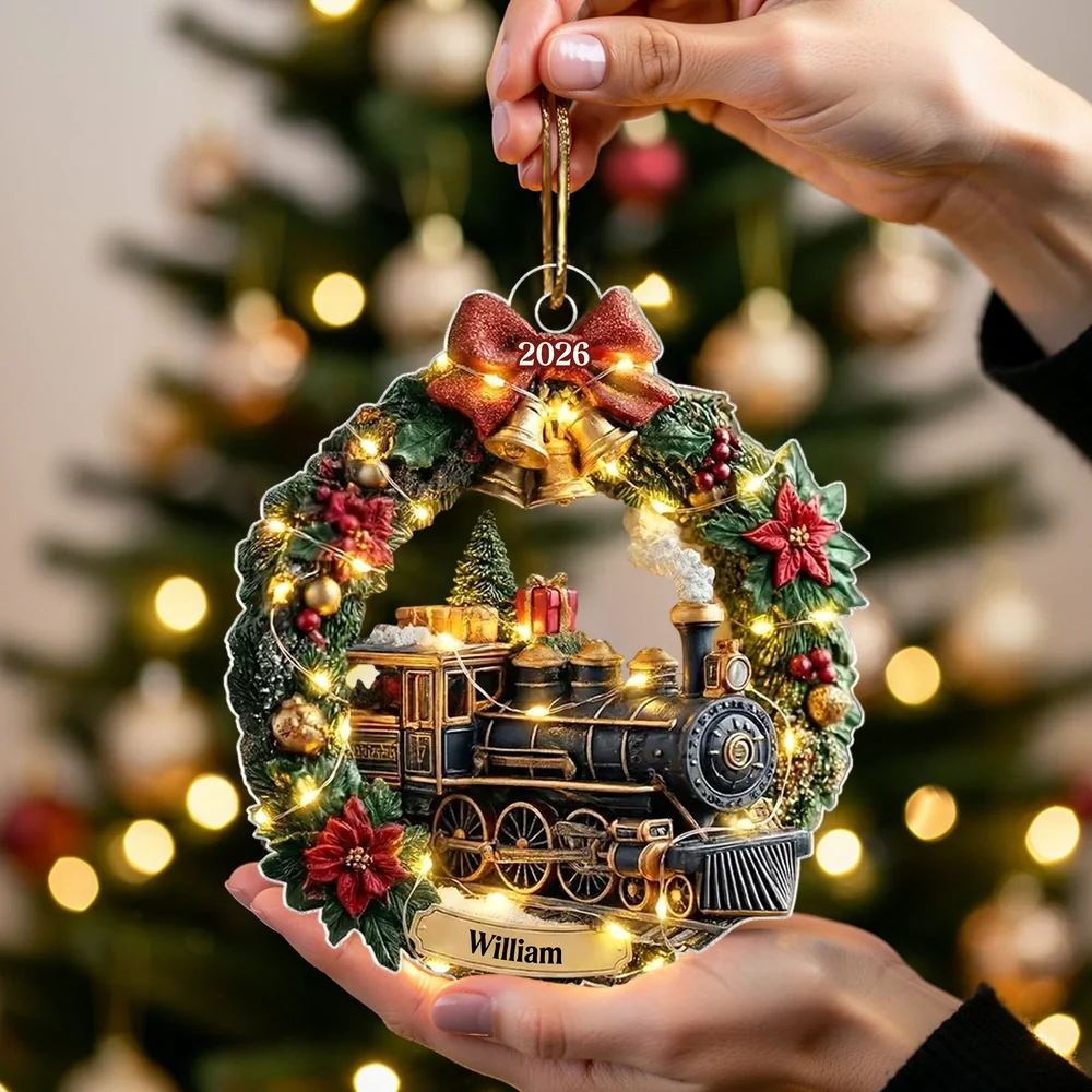 Cozy Lighted Train Wreath Acrylic Ornament, Personalized Keepsake For Holiday Home Decorating, Unique Creative Gift - Image 5