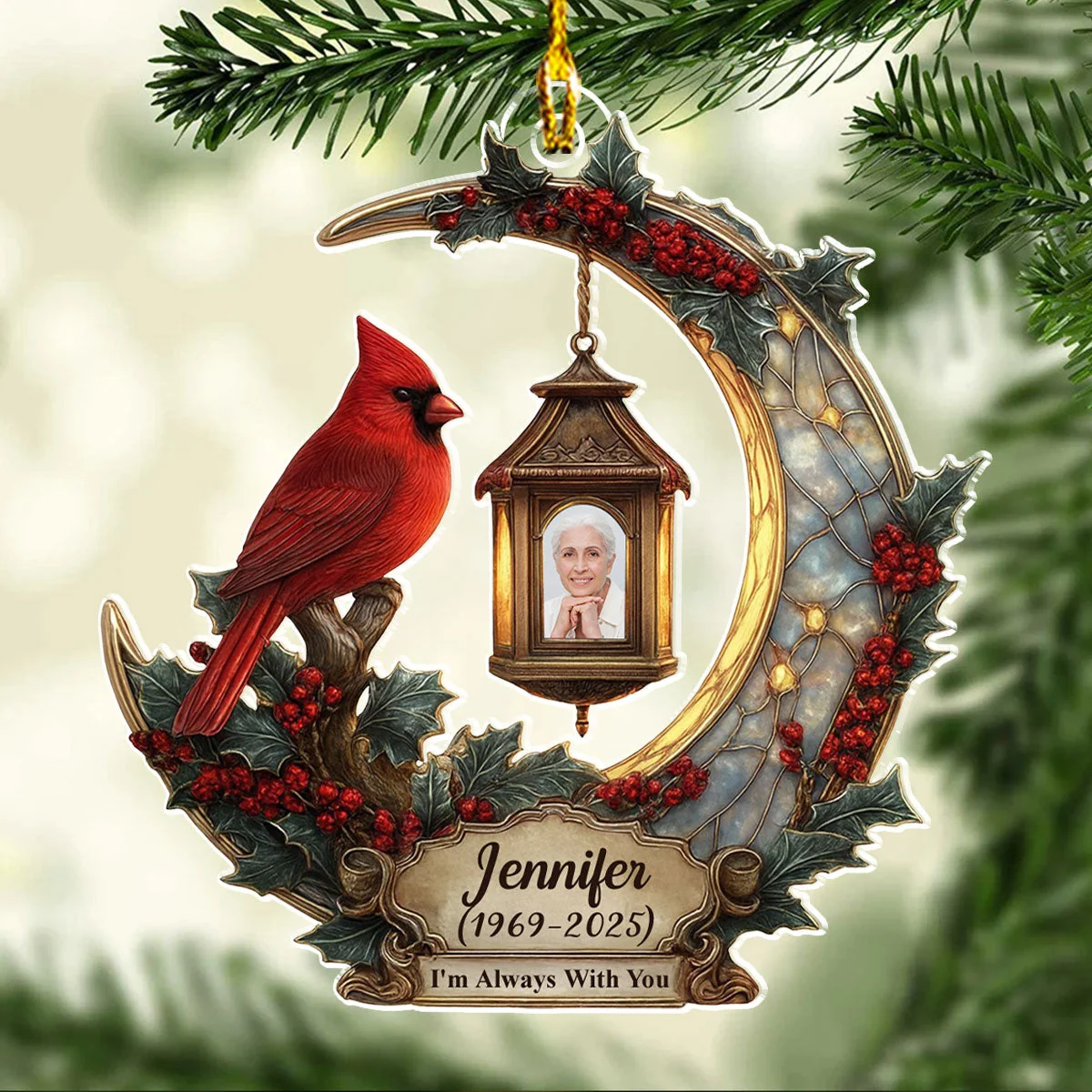 Personalized Memorial Cardinal Moon Acrylic Ornament with Photo, In Loving Memory Christmas Keepsake - Image 2