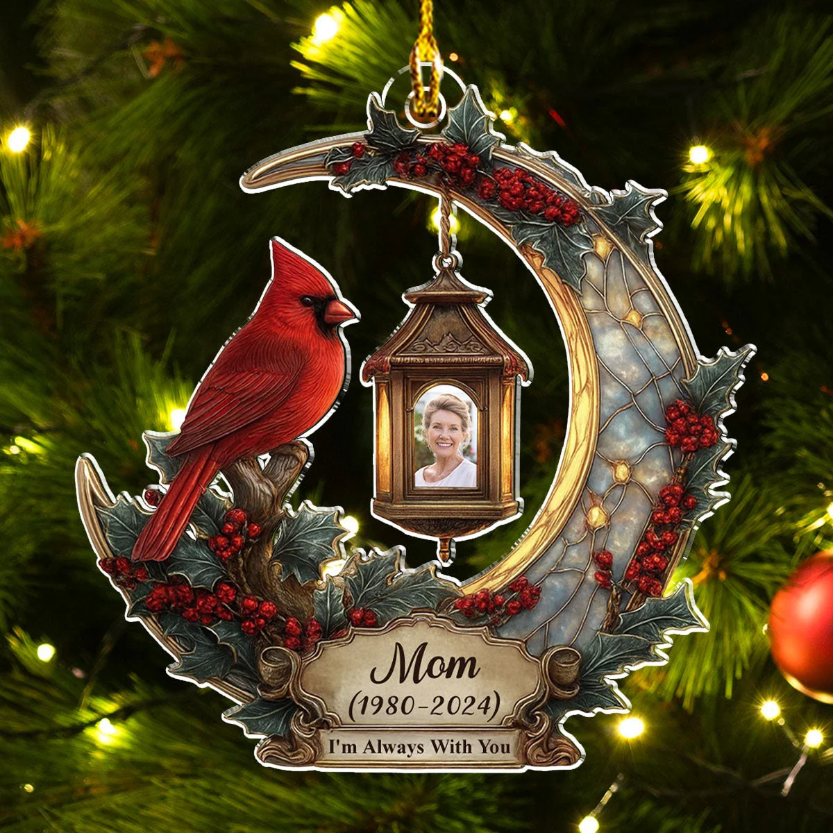 Personalized Memorial Cardinal Moon Acrylic Ornament with Photo, In Loving Memory Christmas Keepsake - Image 3