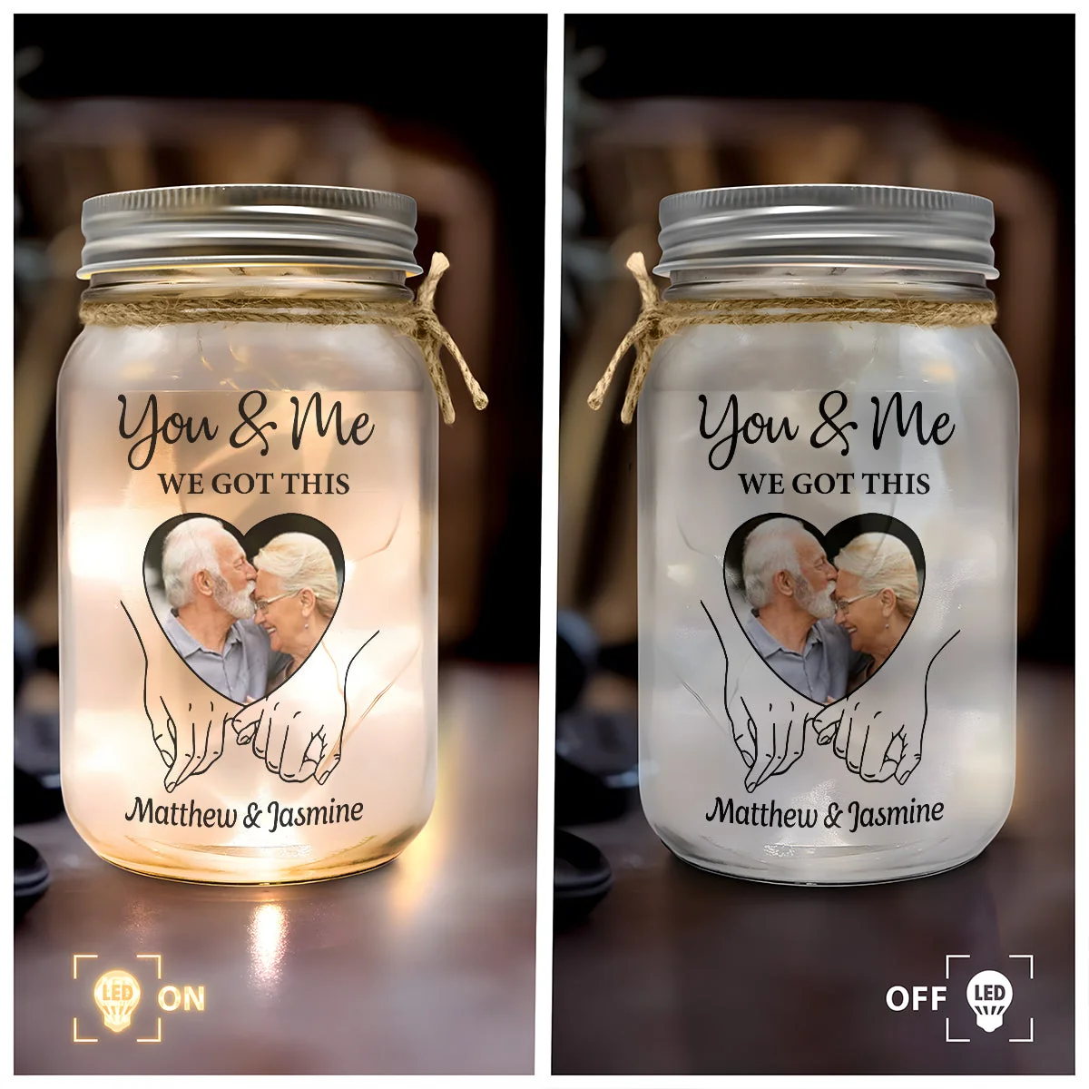 Personalized Glass Mason Jar Light with Your Photo You & Me We Got This Romantic Glow Keepsake Gift for Couple - Image 4
