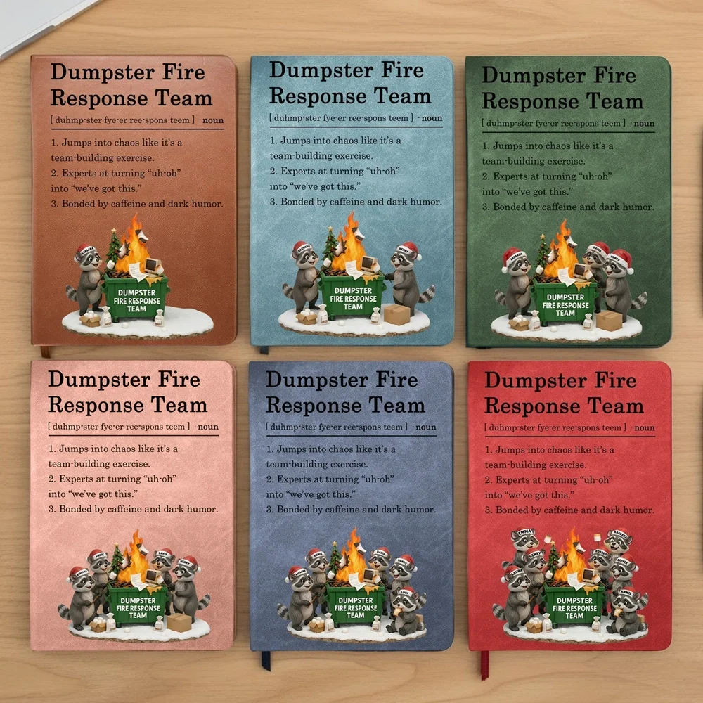 Leather Journal Dumpster Fire Response Team Cute Raccoon Chaos Crew Design, Personalized Funny Gift for Coworkers