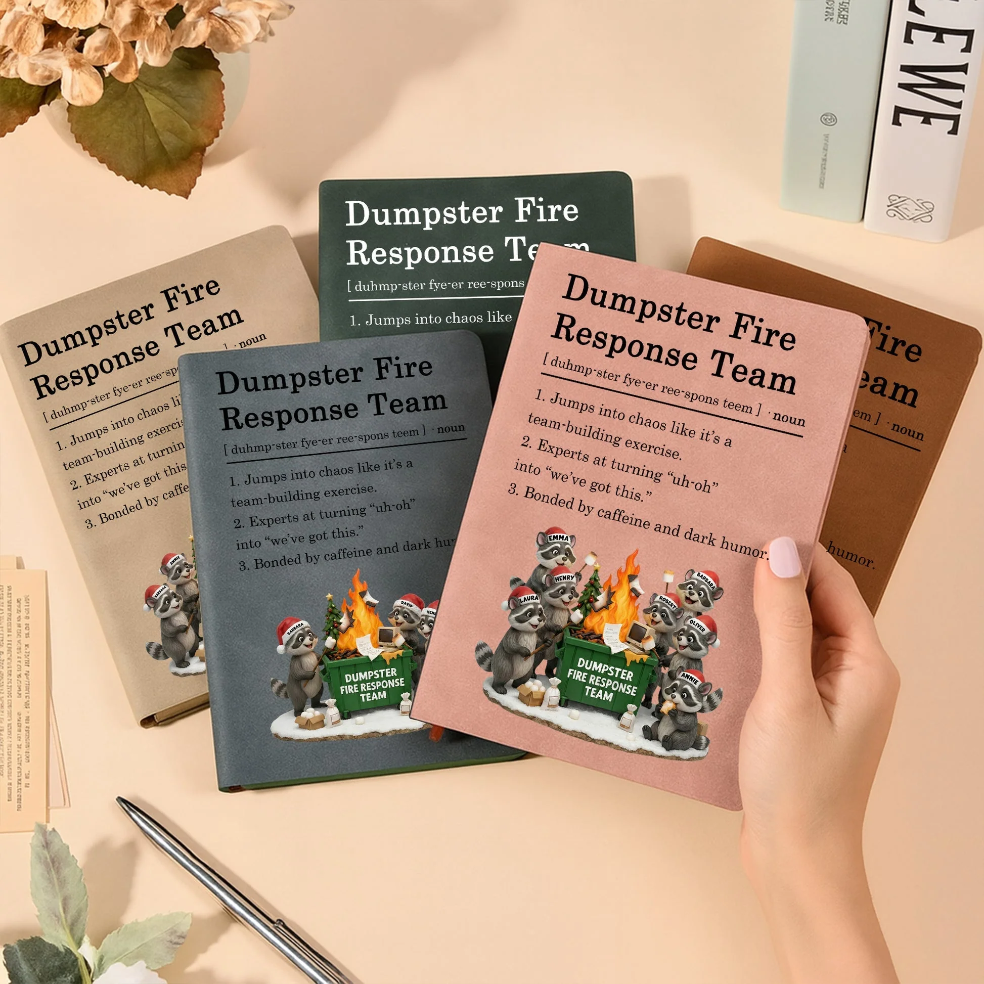 Leather Journal Dumpster Fire Response Team Cute Raccoon Chaos Crew Design, Personalized Funny Gift for Coworkers - Image 2