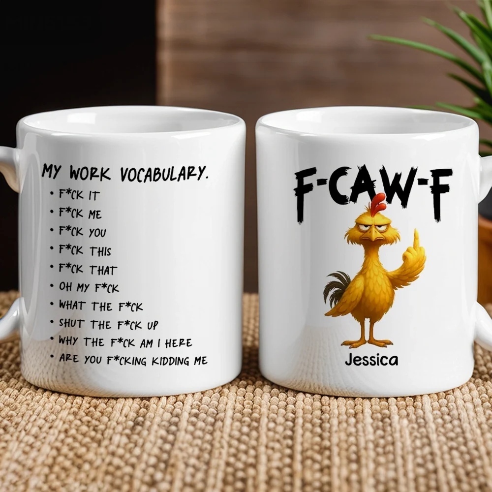 Funny Personalized Ceramic Mug with Grumpy Chicken and Work Vocabulary Quote, Creative Desk Gift for Coworkers - Image 2