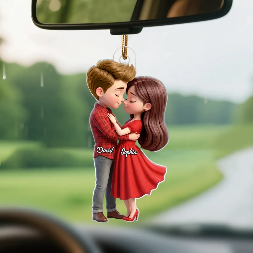 Personalized Couple Hugging Acrylic Car Hanger Rearview Mirror Decor, Cute Cartoon Style, Unique Romantic Gift for Him or Her