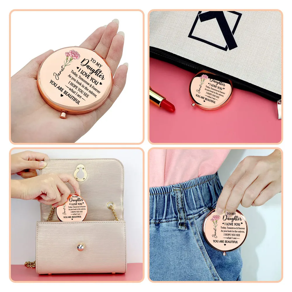 Metal Compact Mirror for Daughter, Floral Rose Gold Keepsake, 'I Love You' Message, Unique Creative Gift for Her - Image 4
