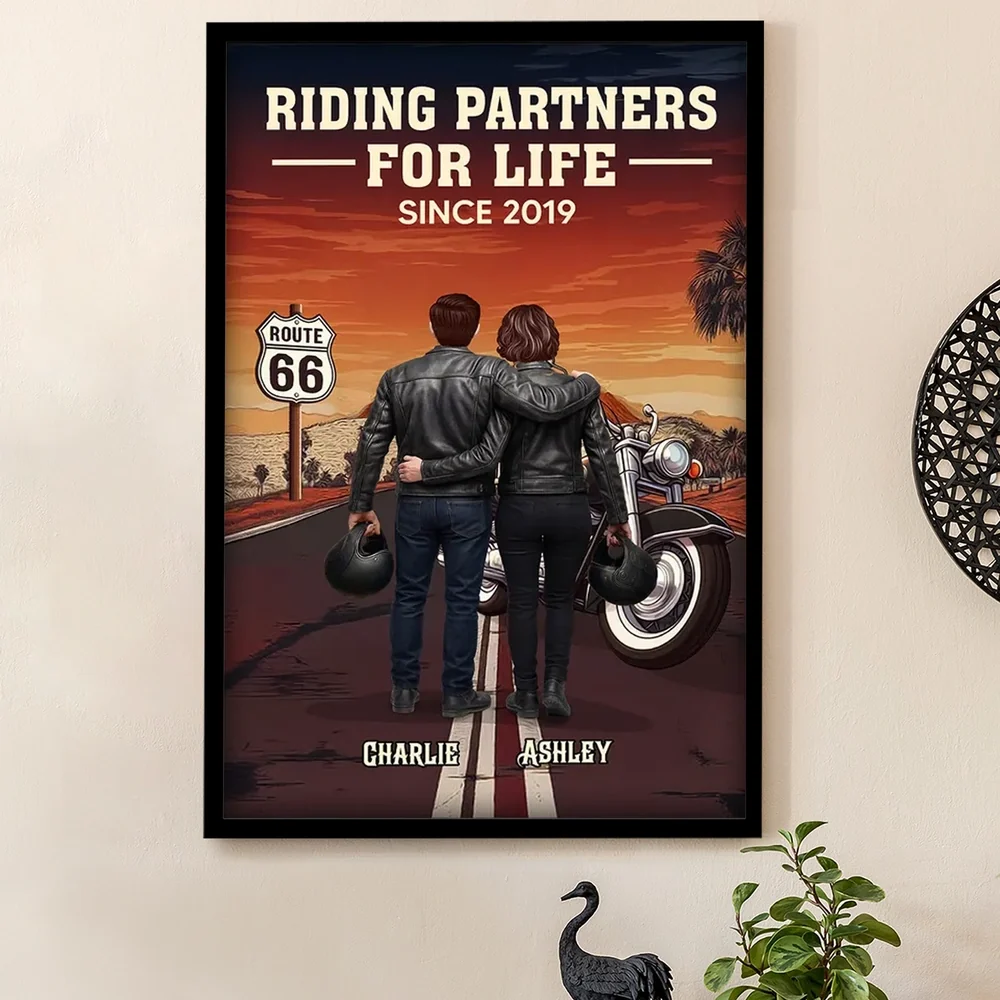 Riding Partners For Life Poster, Personalized Motorcycle Couple Road Trip Sunset Decor, Creative Gift for Him & Her