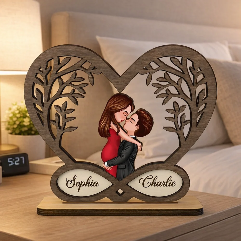 Personalized 2-Layer Wooden Plaque Kissing Couple in Infinity Heart for Bedroom Decor Unique Romantic Gift for Couples