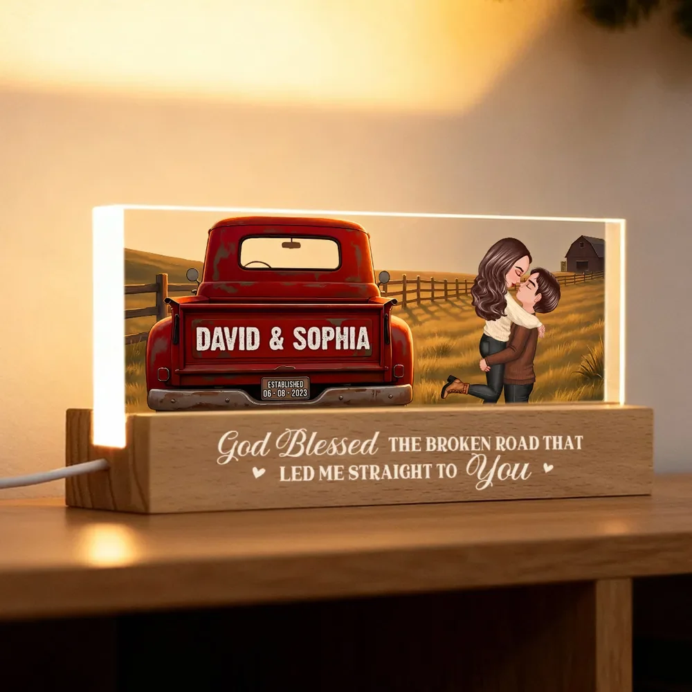 Personalized Block LED Light Plaque With Couple Kissing by a Red Truck, Rustic Sunset Scene, Unique Anniversary Gift - Image 6