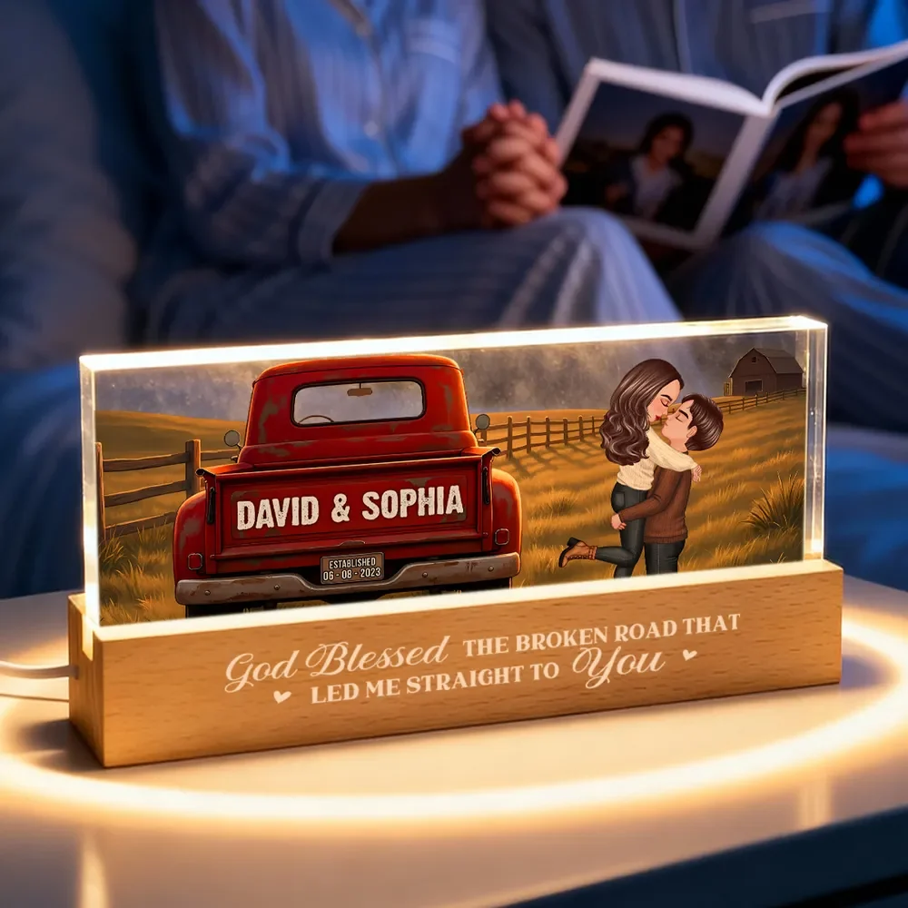 Personalized Block LED Light Plaque With Couple Kissing by a Red Truck, Rustic Sunset Scene, Unique Anniversary Gift - Image 7