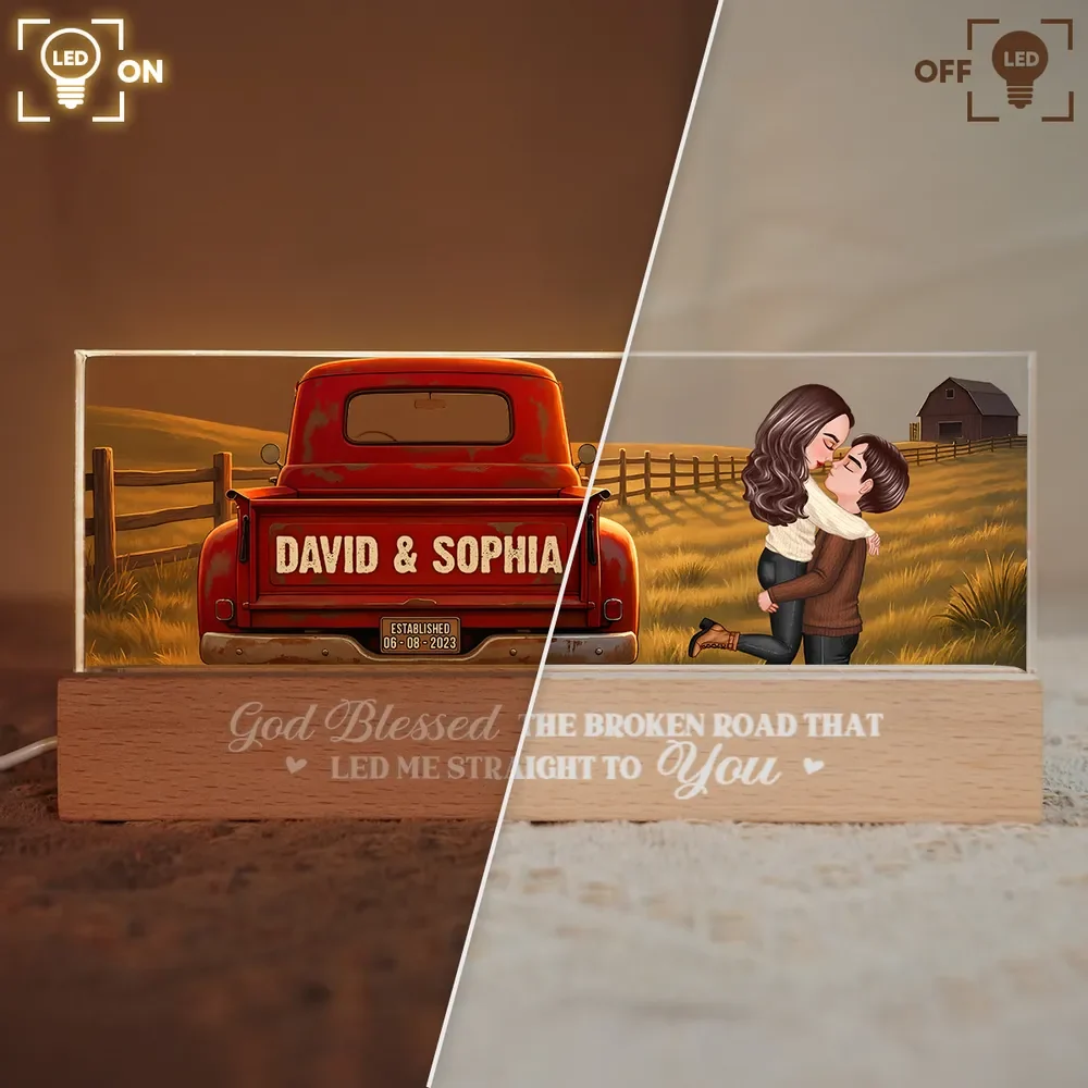 Personalized Block LED Light Plaque With Couple Kissing by a Red Truck, Rustic Sunset Scene, Unique Anniversary Gift - Image 8