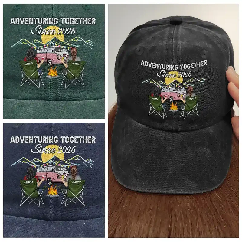 Personalized Washed Denim Baseball Cap Camping Partners For Life Outdoor Wear Vintage Look Unique Gift for Couple - Image 2