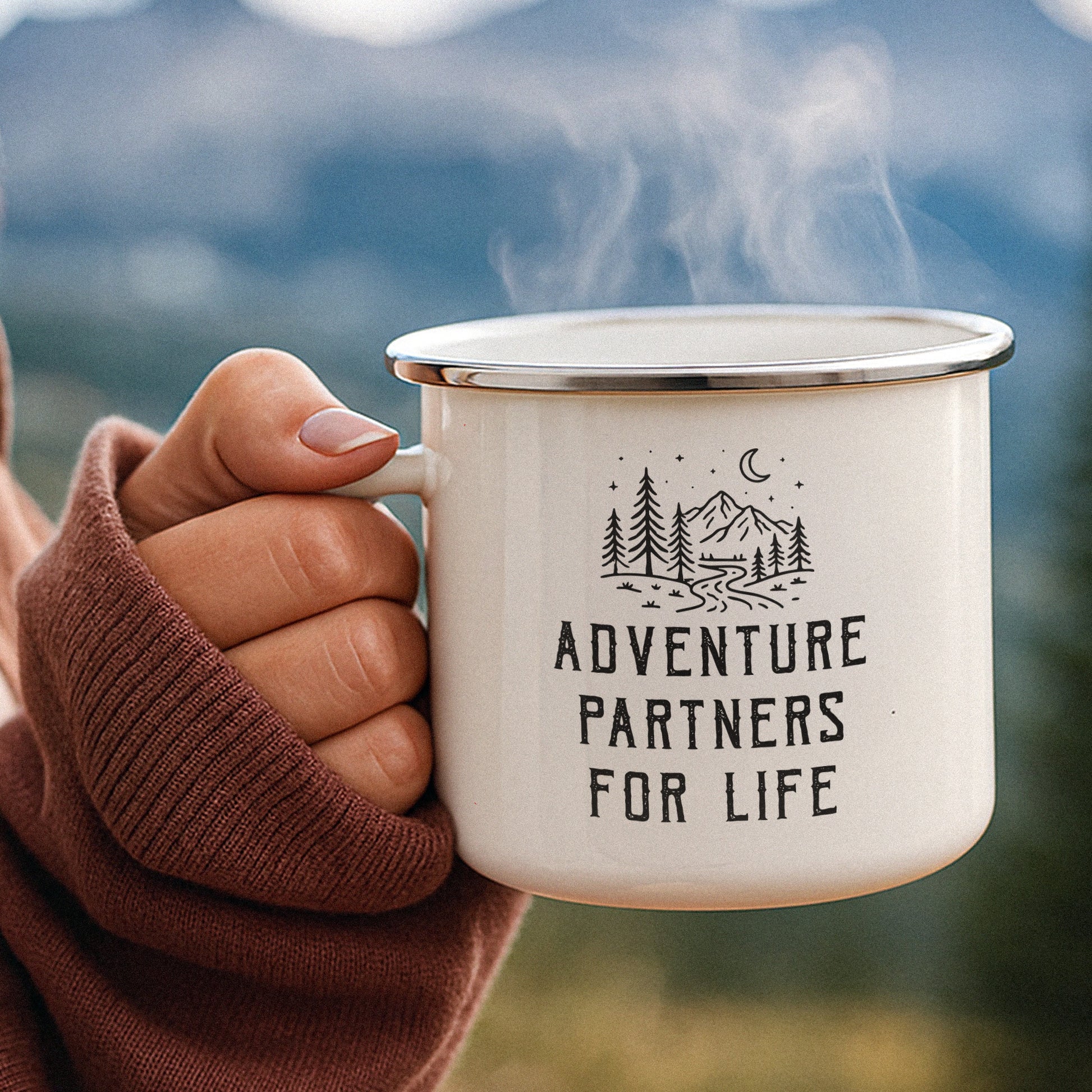 Personalized Enamel Mug Adventure Partners For Life Hiking Couple Gift, Minimal Mountain Line Art - Image 4