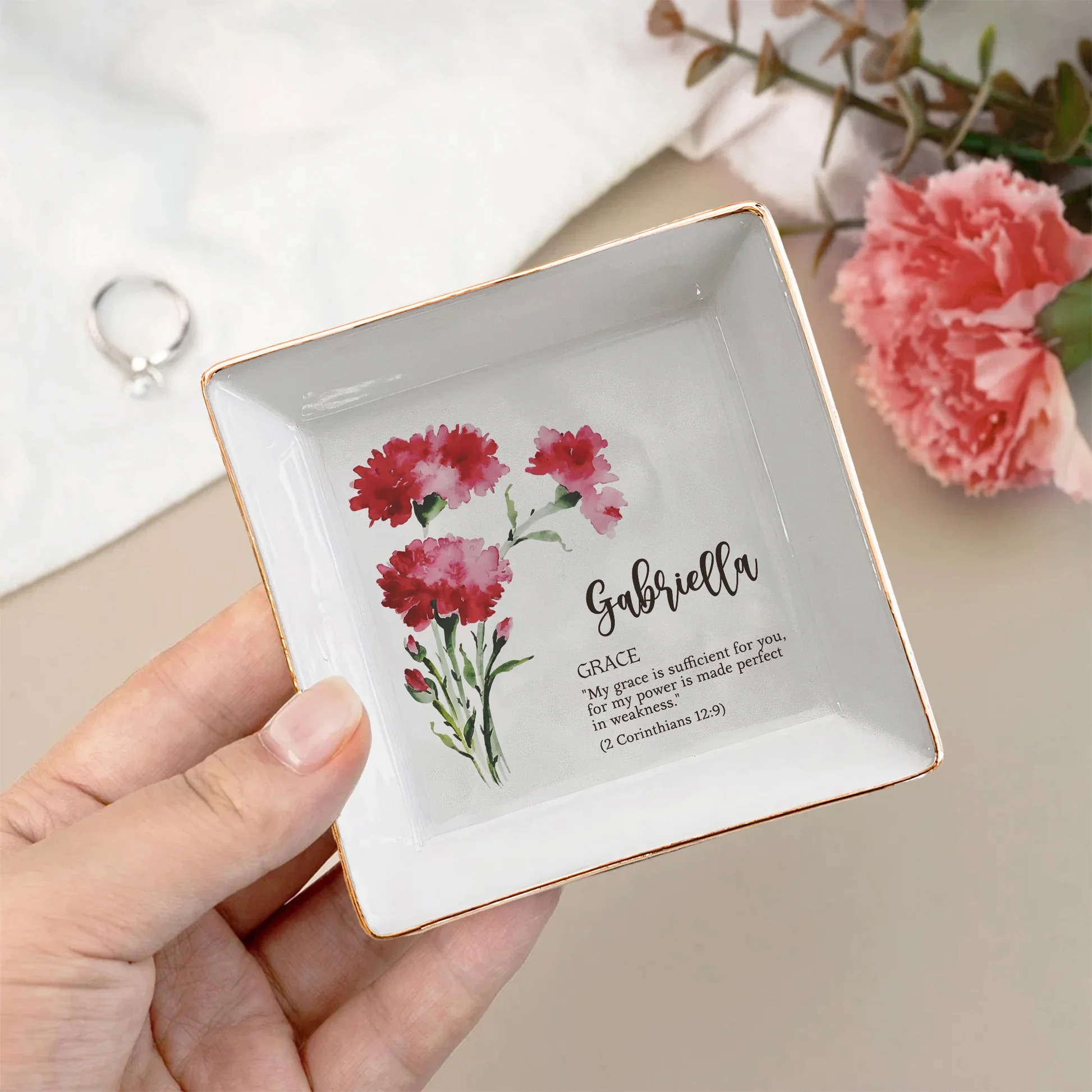 Personalized Birth Flower Jewelry Dish with Bible Verse, Watercolor Floral Keepsake, Unique Christian Gift for Her - Image 5