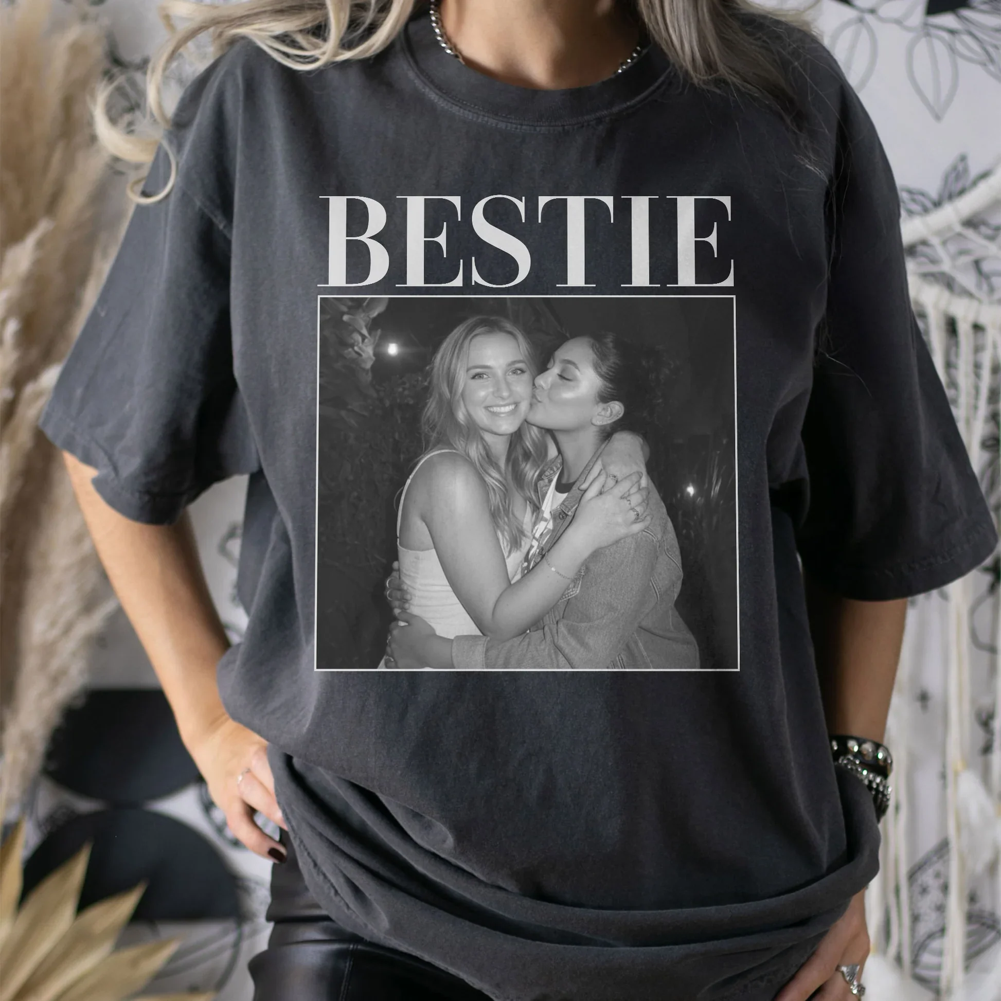 BESTIE Personalized Photo Classic Tee, Vintage-Style Black & White Memory Look, Unique Gift for Best Friend - Image 5