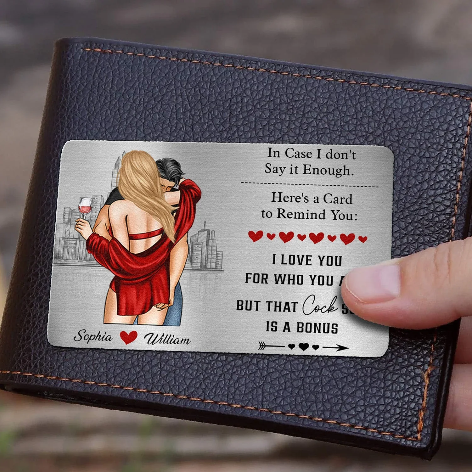 Personalized Metal Wallet Card Couples Hugging City Sketch - Funny Love Note Keepsake, Unique Gift for Husband or Boyfriend - Image 2