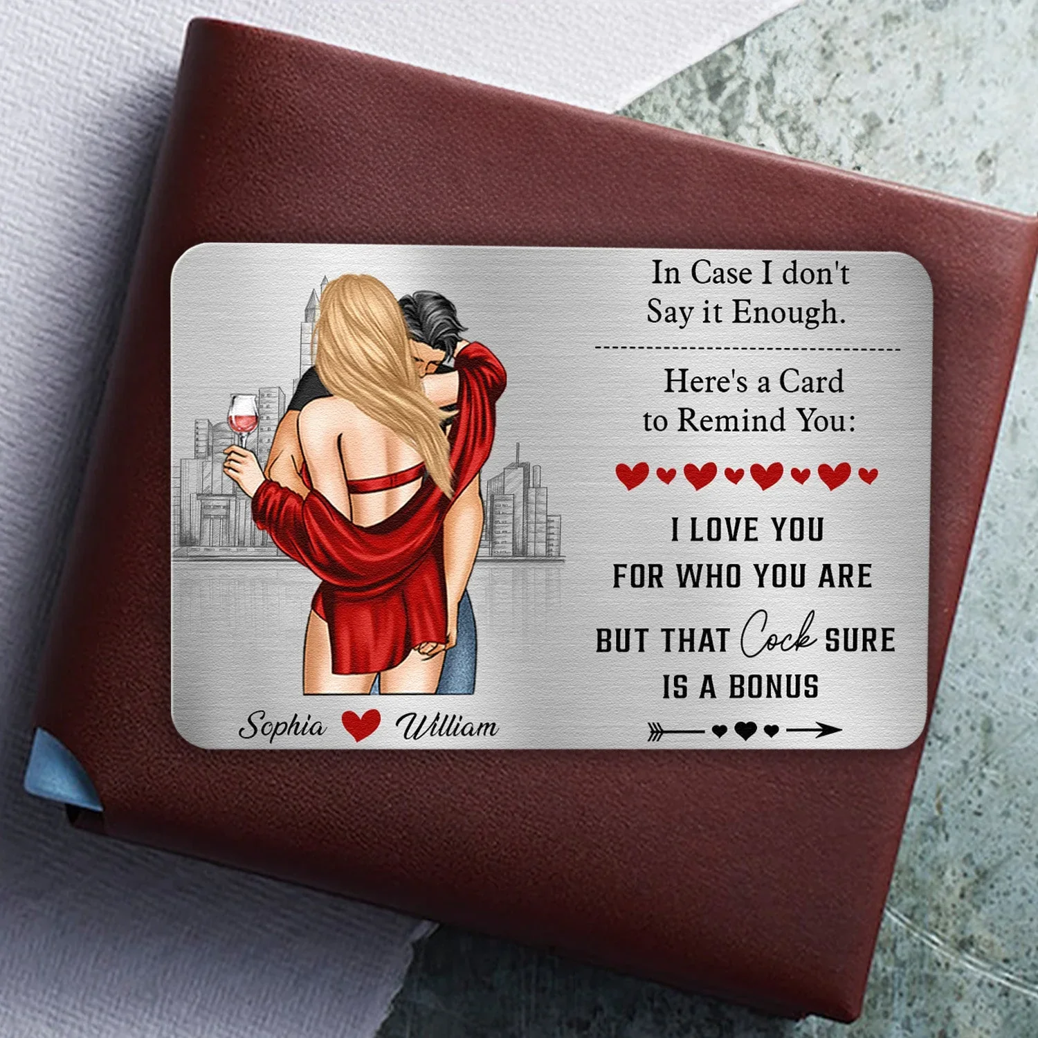 Personalized Metal Wallet Card Couples Hugging City Sketch - Funny Love Note Keepsake, Unique Gift for Husband or Boyfriend - Image 5