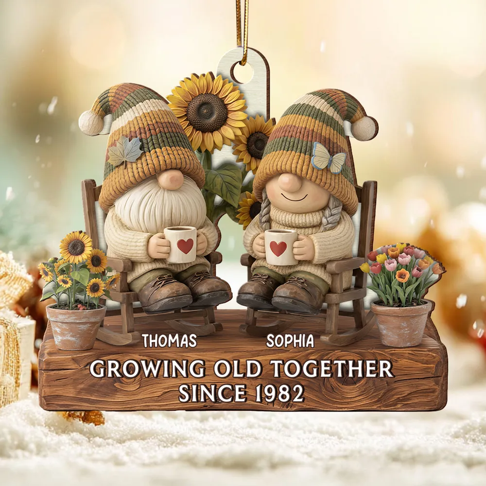 Wooden Ornament Personalized for a Couple, Cute Gnome Rocking Chairs with Sunflowers, Heartwarming Holiday Gift & Decor - Image 2
