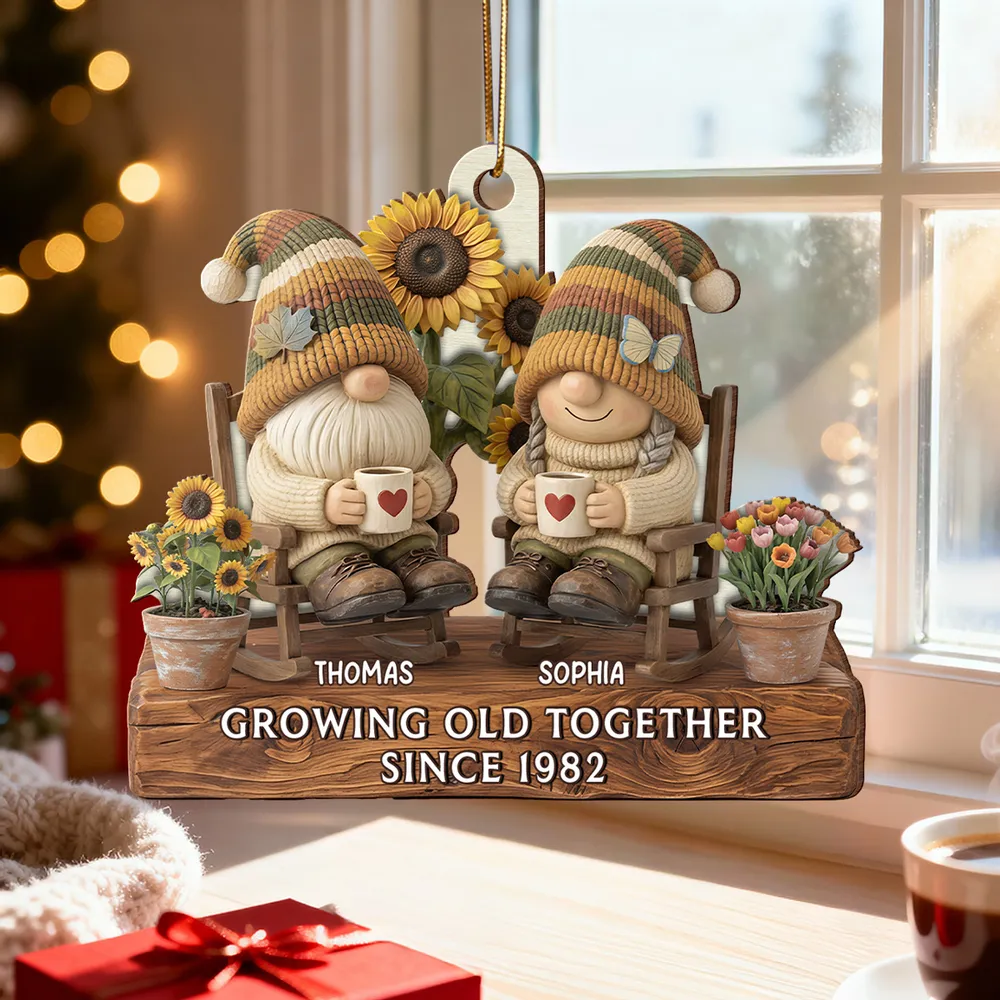 Wooden Ornament Personalized for a Couple, Cute Gnome Rocking Chairs with Sunflowers, Heartwarming Holiday Gift & Decor - Image 5