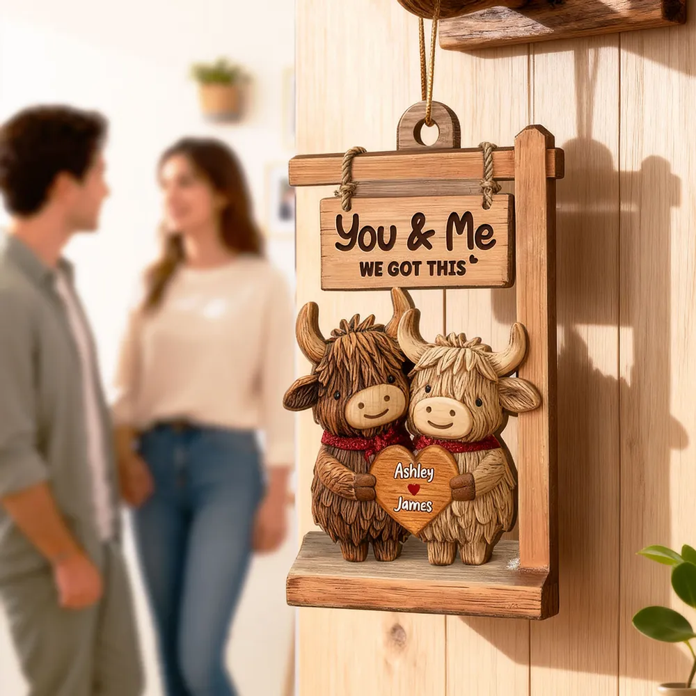 Wooden Ornament with Sweet You & Me Message, Cute Cow Couple Holding Heart, Personalized Holiday Decor Gift - Image 2