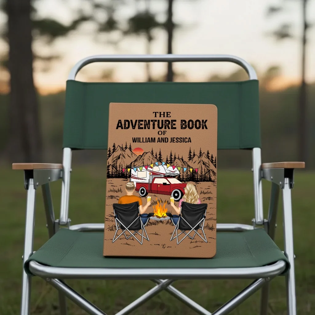 Personalized Leather Journal The Adventure Book Camping Couple by the Campfire Unique Gift for Him or Her - Image 4