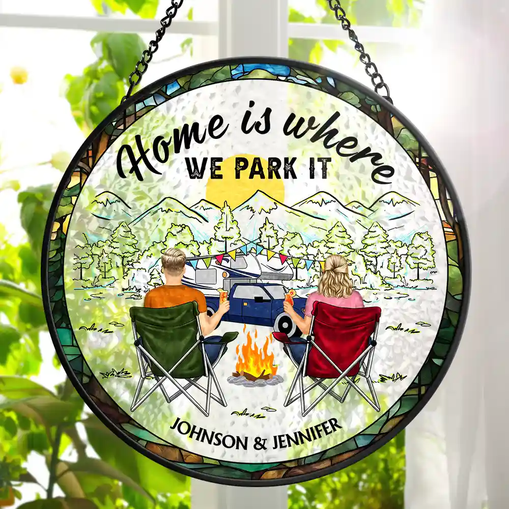 Personalized Glass Suncatcher Ornament Home Is Where We Park It Camping Scene, Unique Gift for Couples - Image 3