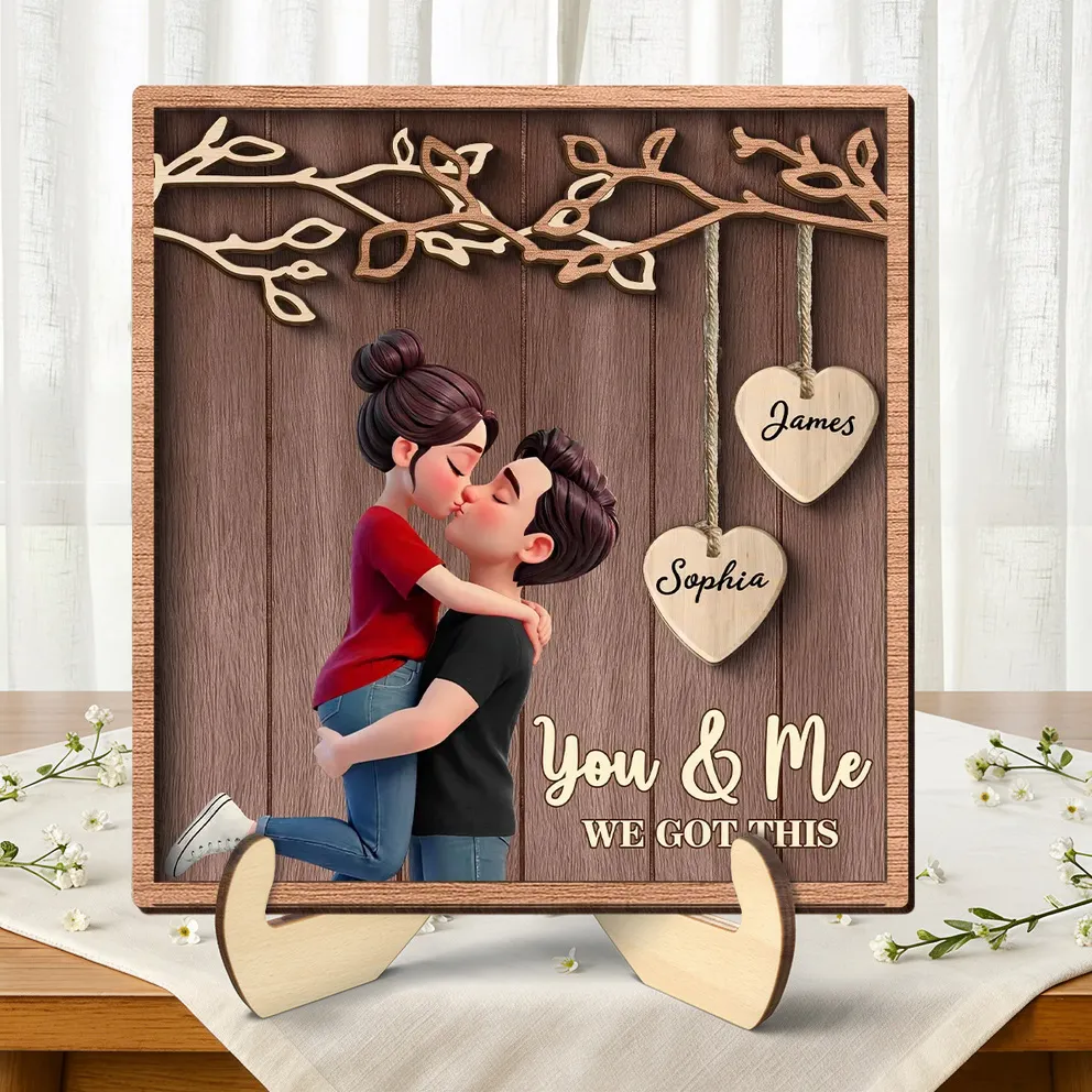 2-Layer Wooden Plaque Personalized for Couples, Romantic Hug and Kiss Under Hanging Hearts, Sweet Keepsake Gift for Him or Her