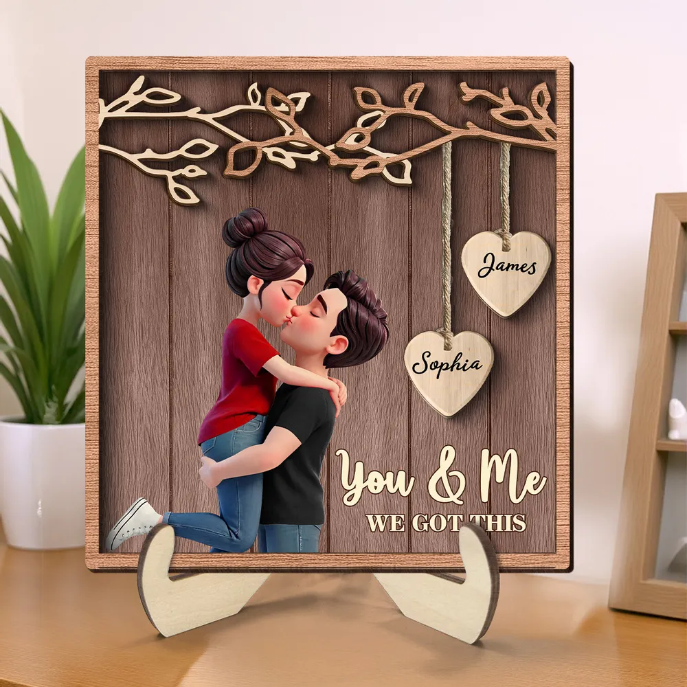2-Layer Wooden Plaque Personalized for Couples, Romantic Hug and Kiss Under Hanging Hearts, Sweet Keepsake Gift for Him or Her - Image 2