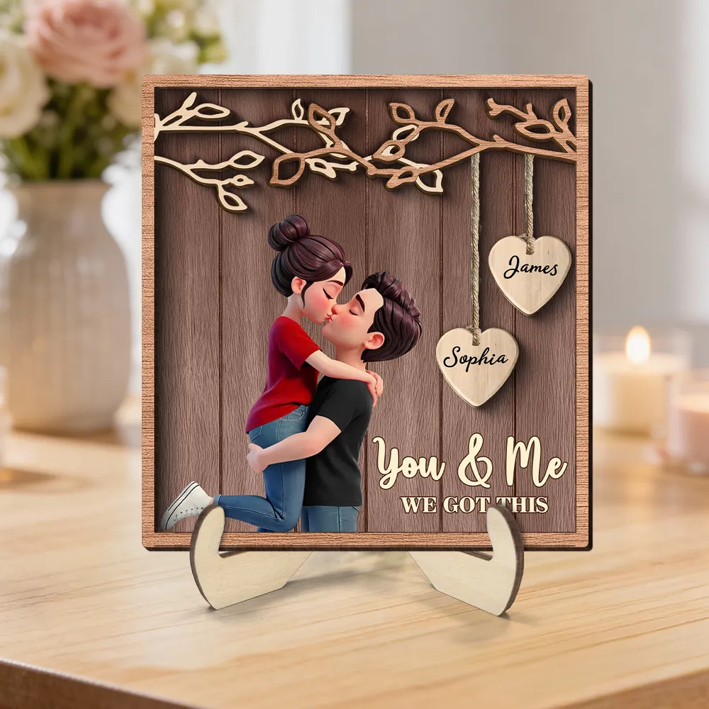 2-Layer Wooden Plaque Personalized for Couples, Romantic Hug and Kiss Under Hanging Hearts, Sweet Keepsake Gift for Him or Her - Image 4