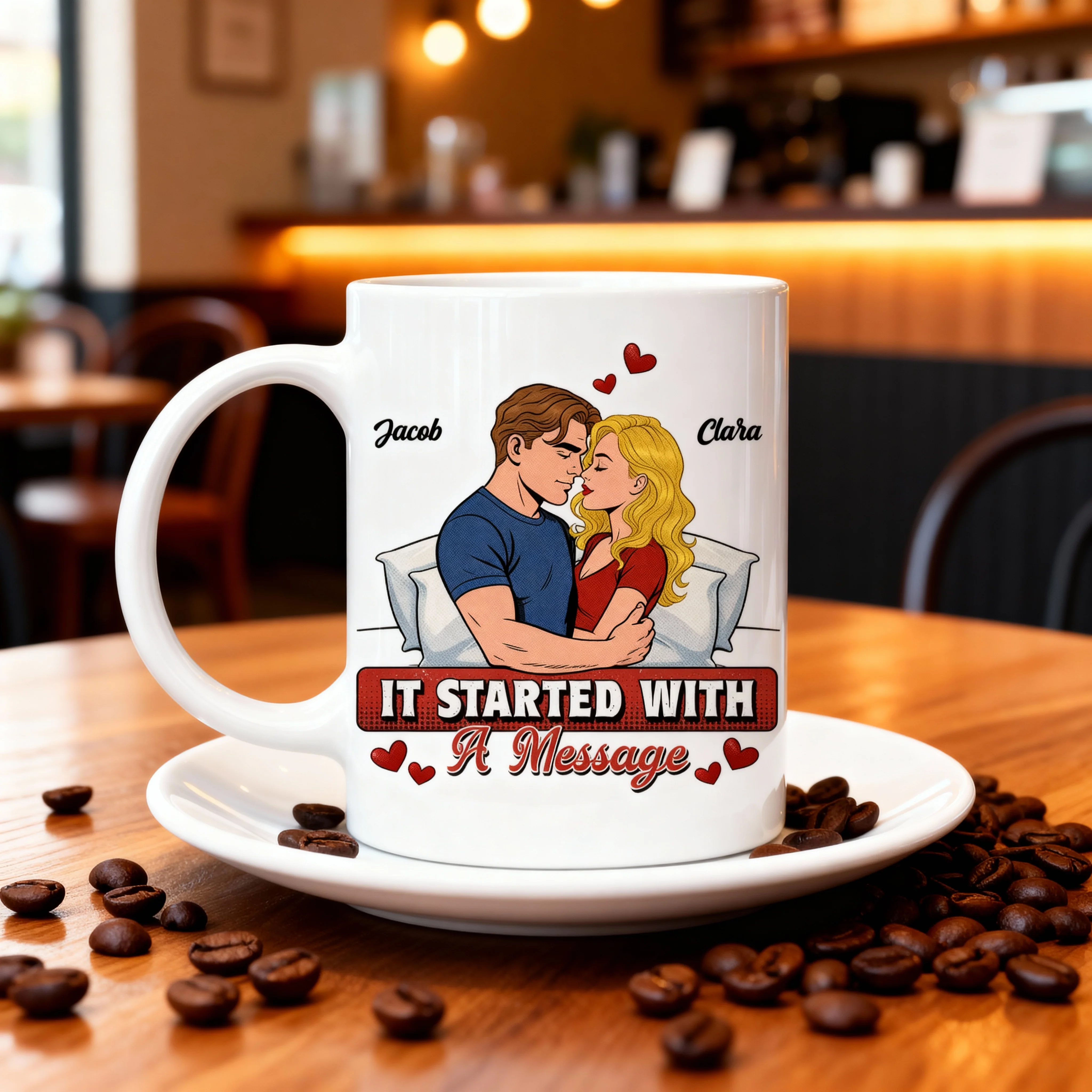 Personalized Ceramic Mug It Started With A Message Couple Hugging Cute Cartoon Style Unique Romantic Gift - Image 2