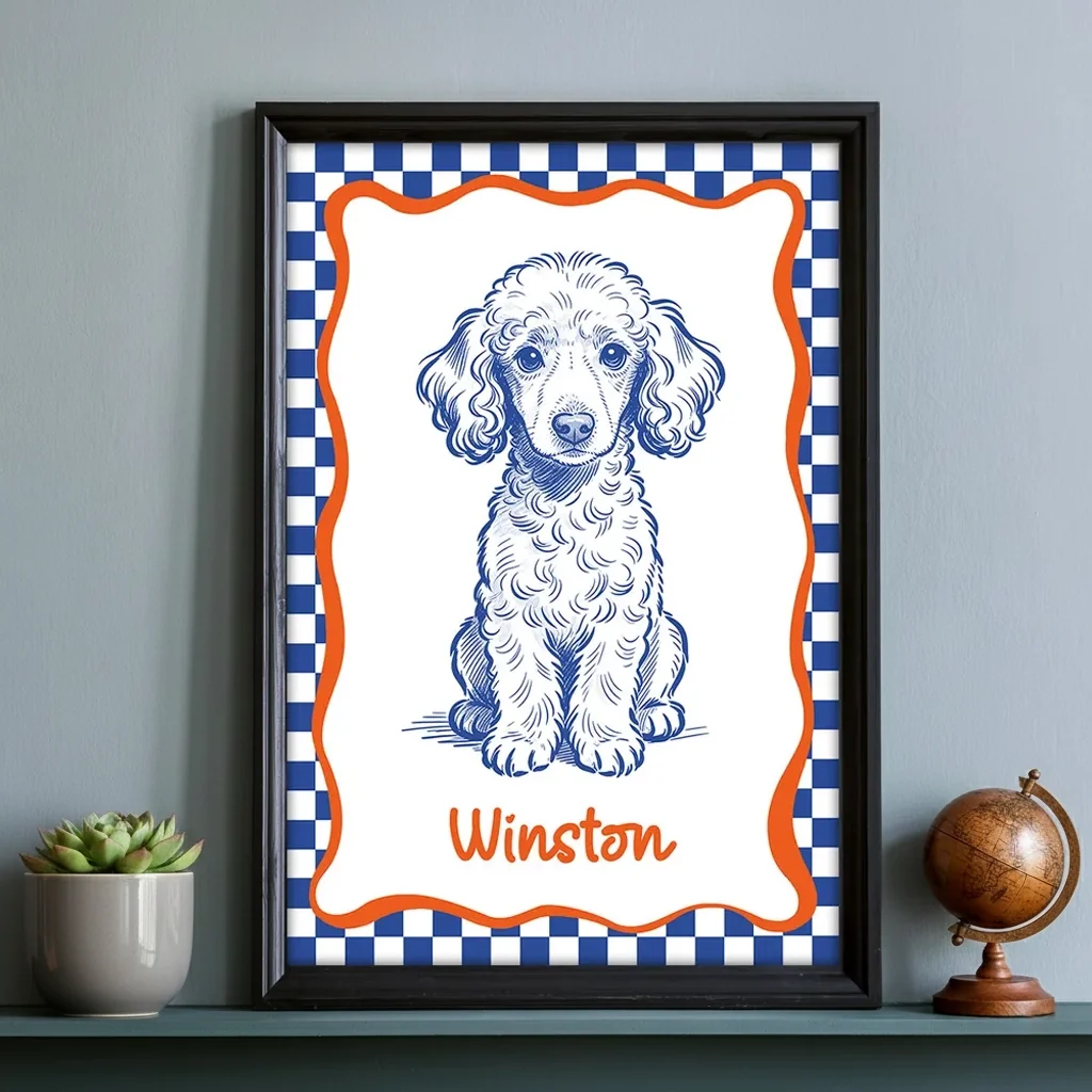 Personalized Dog Portrait Poster Modern Blue Line Art Wall Decor, Unique Creative Gift for Dog Lovers