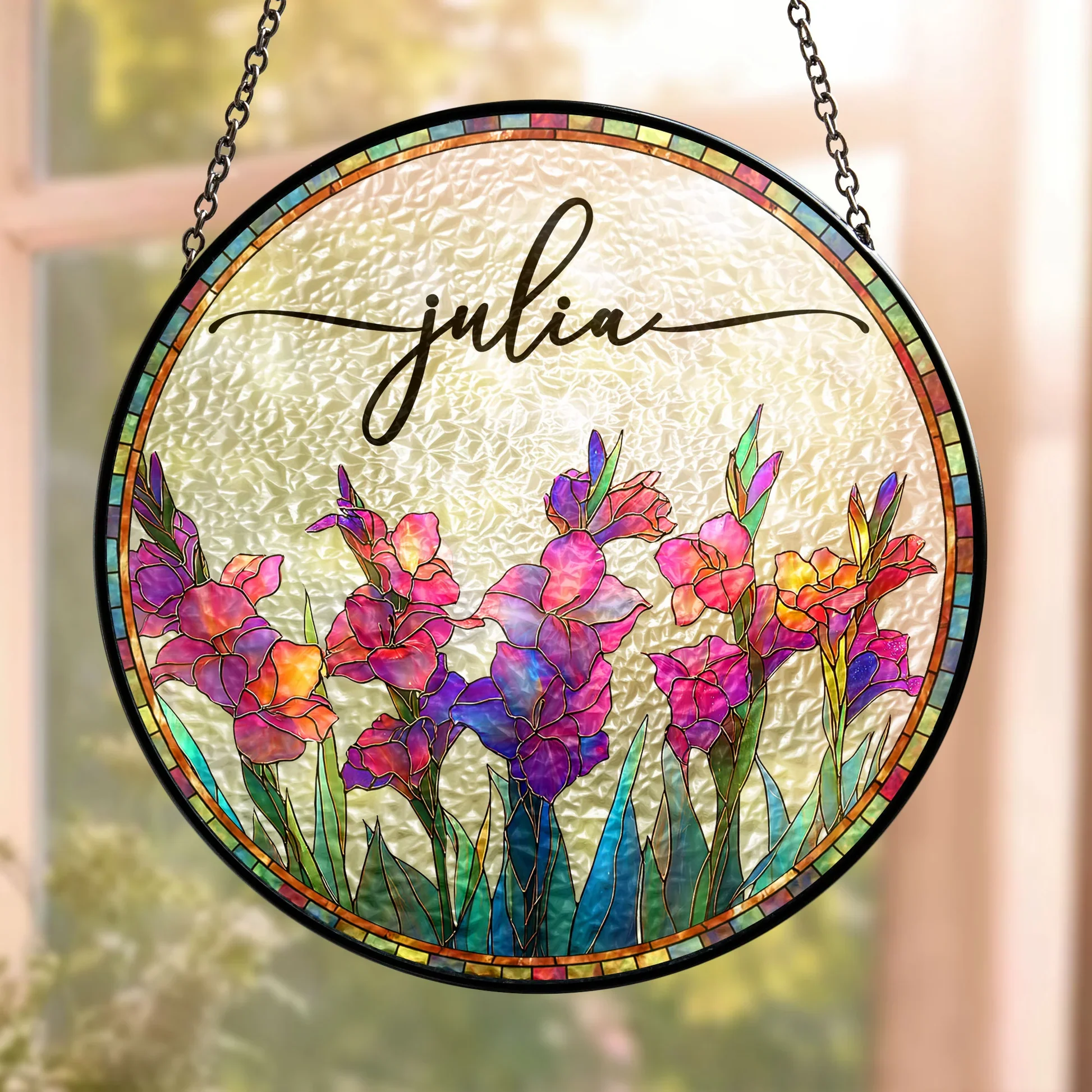 Personalized Birth Flower Glass Suncatcher Ornament for Window Display, Bright Stained Glass Style, Unique Gift for Mom - Image 2